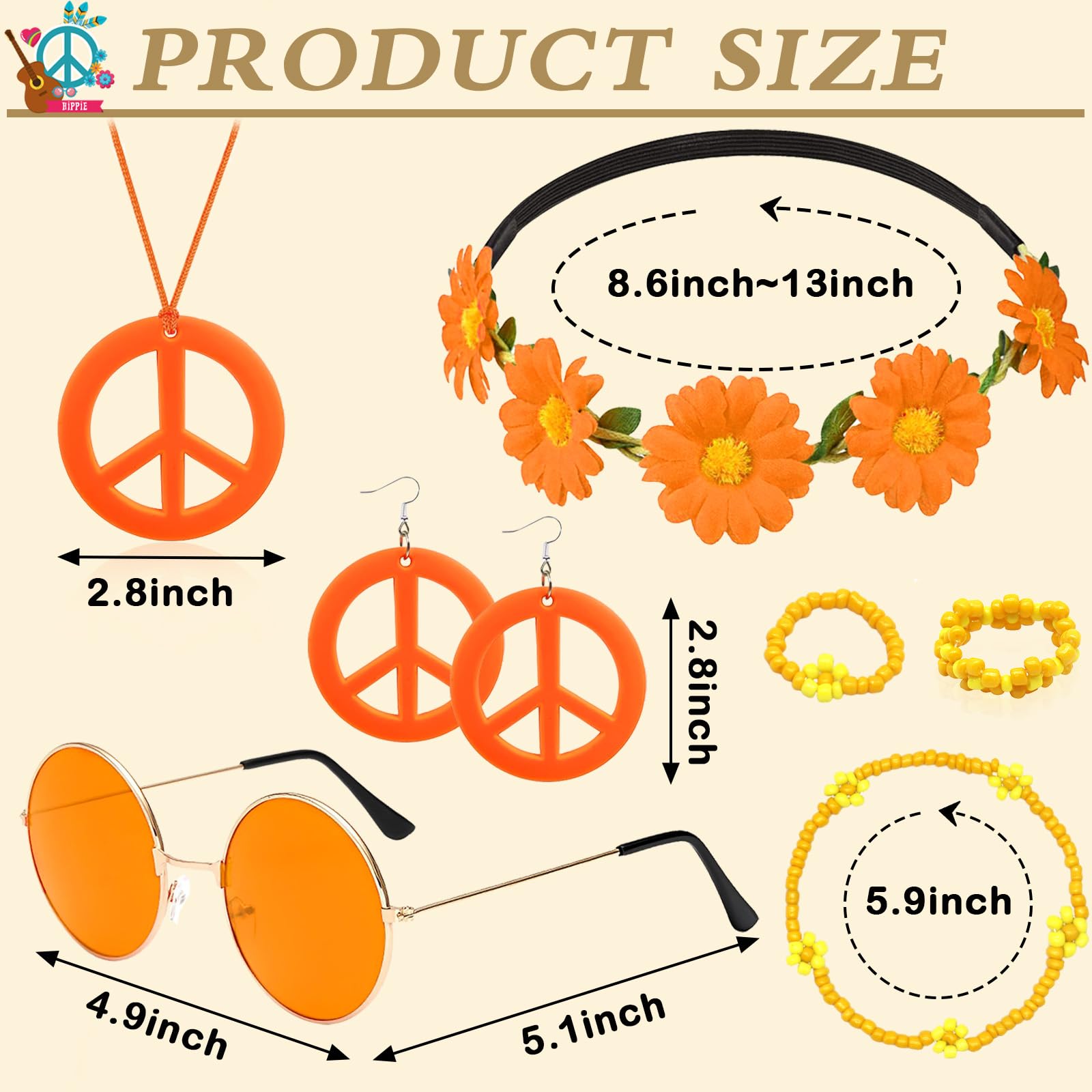 Dazzroi 7Pcs Hippie Costume Accessories for Women 60s 70s Dressing Accessories Set including Plastic Necklace Earring Flower Headband Bracelet Ring Sunglasses Retro Deco for Dress Up (orange) - Image 2