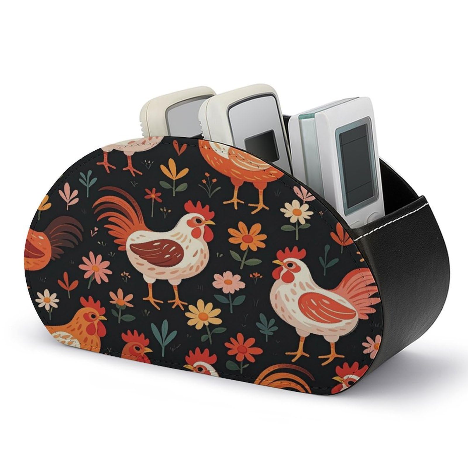 FekiLoot Cute Rooster Chickens TV Remote Control Holder with 5 Compartments Multi-functional Leather Bedside Table Remote Caddy Desktop Storage Box for Store Pen Controller Media Player Cosmetic