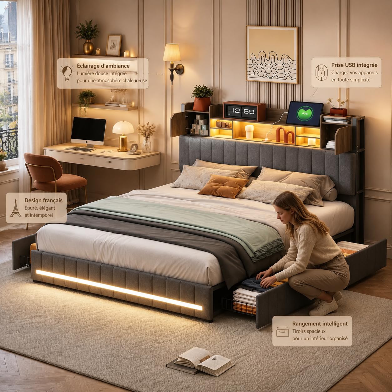 LONELYO Lit Coffre 160x200 avec Sommier LED et USB, Tête de Lit Capitonnée en Bois, Cadre en Lin Moderne, 4 Tiroirs Coulissants, Gris