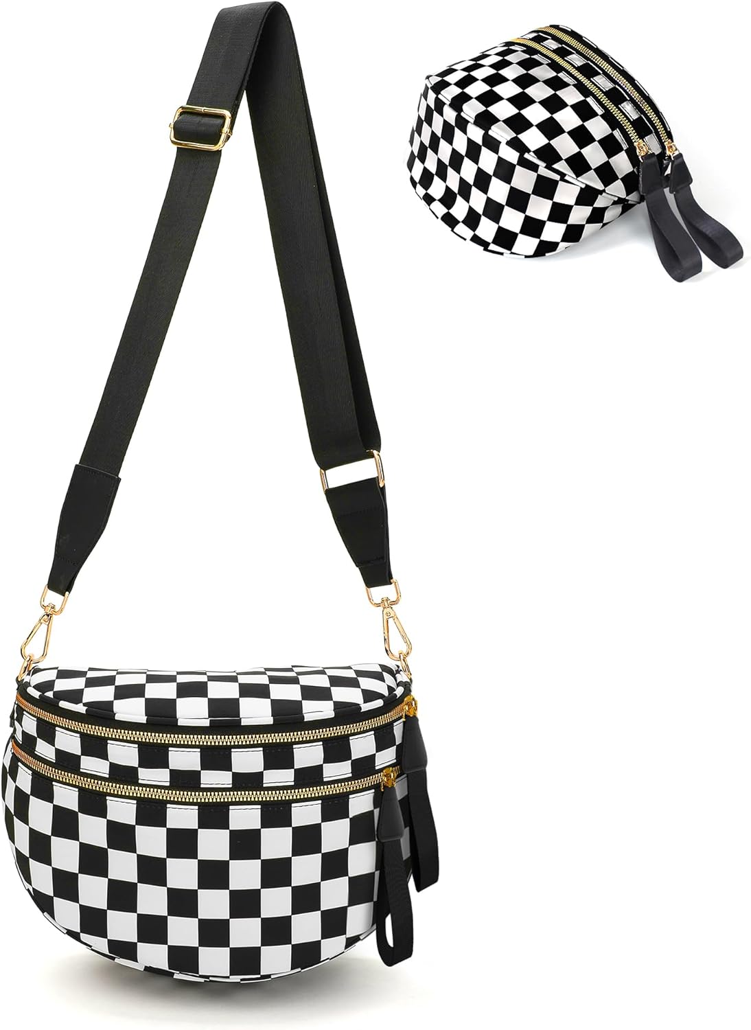 Crossbody Bags for Women, Checkered Bum Bag Crossbody, Spacious Nylon Shoulder Handbag Mom Bag (black-white checkered)