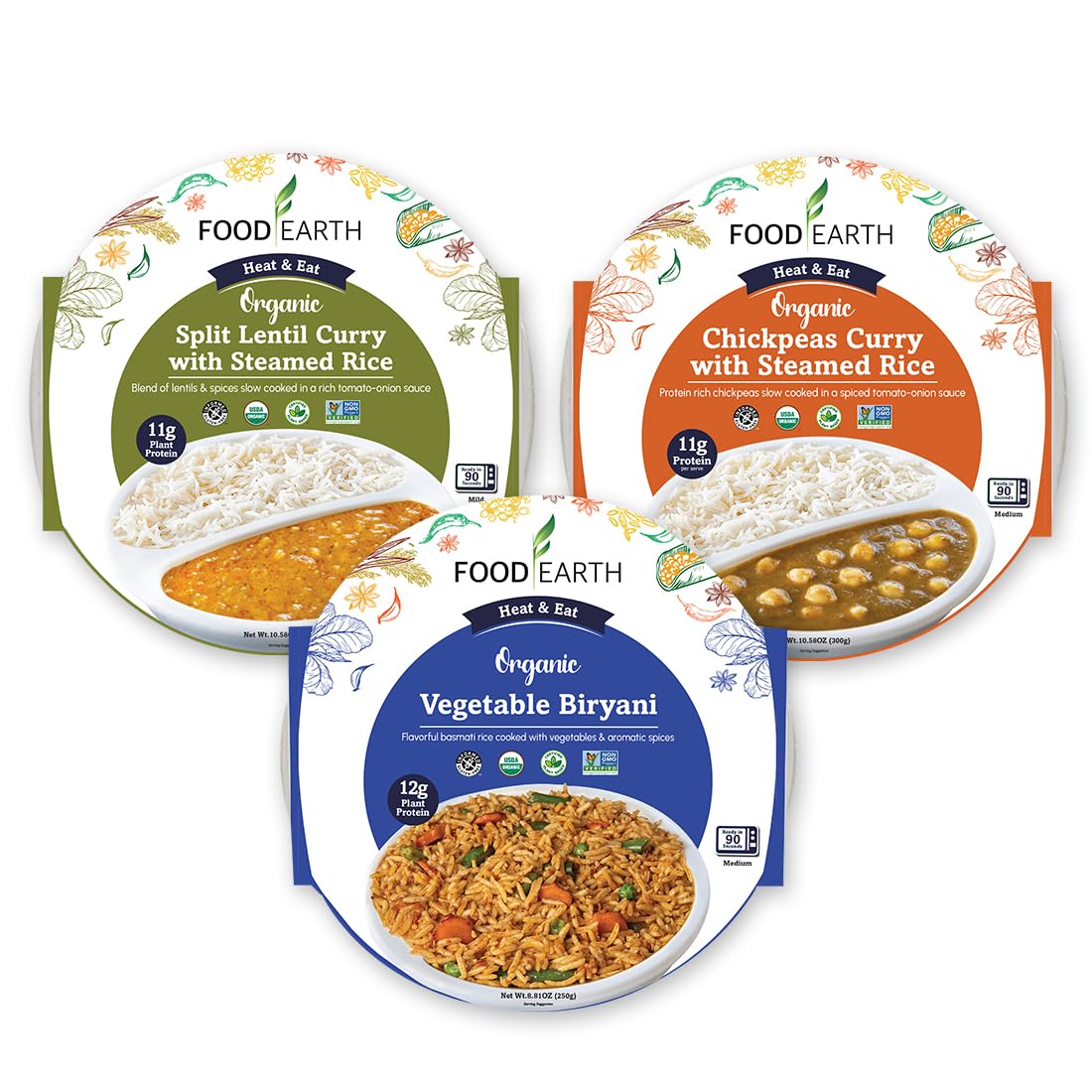 Food Earth Ready to Eat Indian Cuisine Bundle – Split Lentil Curry, Chickpeas Curry with Steamed Rice & Vegetable Biryani – Organic, Vegan, Gluten-Free, GMO-Free, Plant-Based – Pack of 3USDA Organic