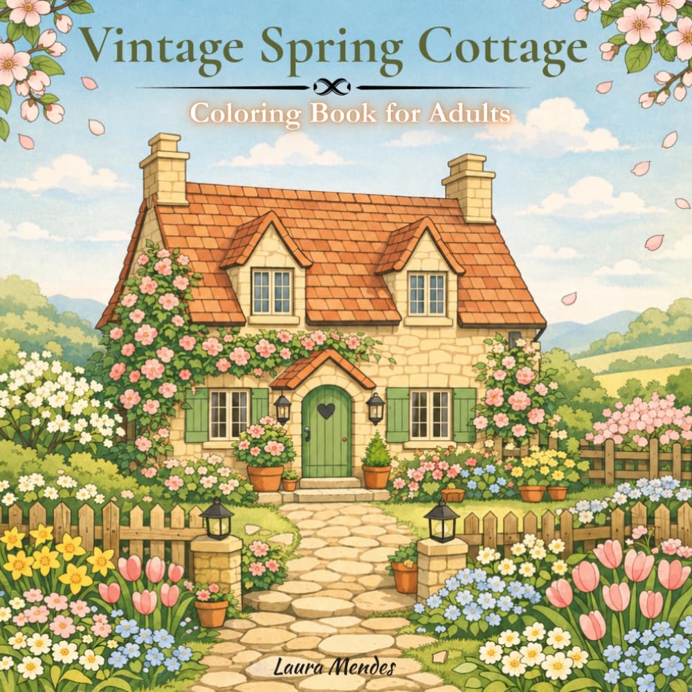 Vintage Spring Cottage Coloring Book for Adults: 50 Charming Cottages & Blooming Garden Scenes | Stress Relief Coloring Pages.