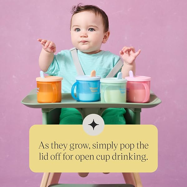 Tommee Tippee First Cup, 190ml, Non-Spill Sippy Cup for Babies 4 Months+, with Free-Flow Flip-Down Spout and Easy to Hold Handles, Orange, Blue and Green, 3 Pack - 5