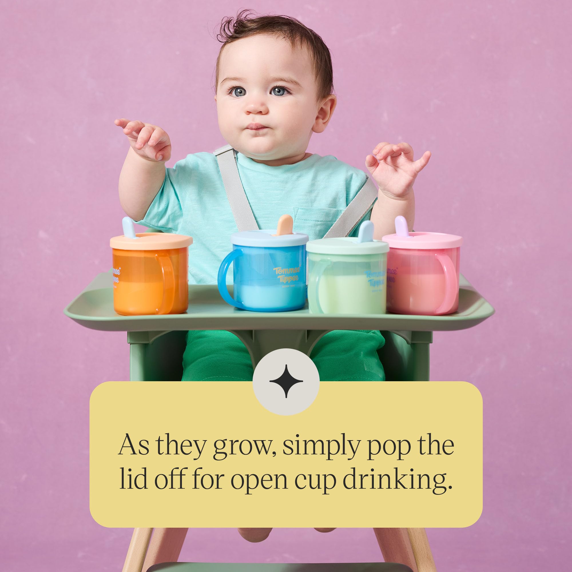 Tommee Tippee First Cup, 190ml, Non-Spill Sippy Cup for Babies 4 Months+, with Free-Flow Flip-Down Spout and Easy to Hold Handles, Orange, Blue and Green, 3 Pack — view 5