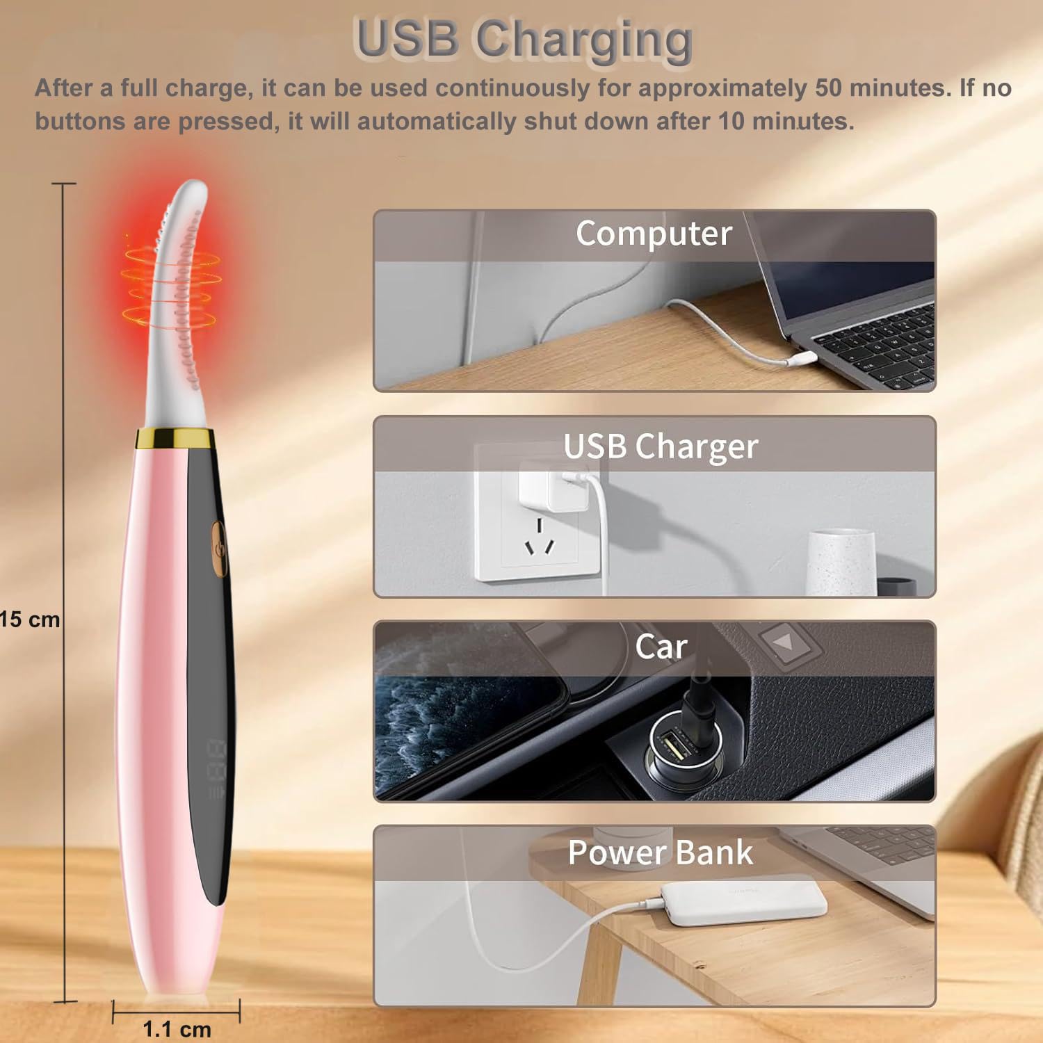 Rizador de Pestañas Electrico, Rápido Calentamiento USB Rizador de Pestañas Termico con Control Inteligente 3 Niveles y Cabezal Siliconado para Cualquier Tipo de Pestaña