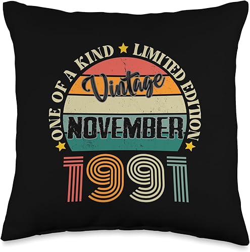 33 Year Old Vintage November 1991 33rd Birthday Retro Throw Pillow, 16x16, Multicolor