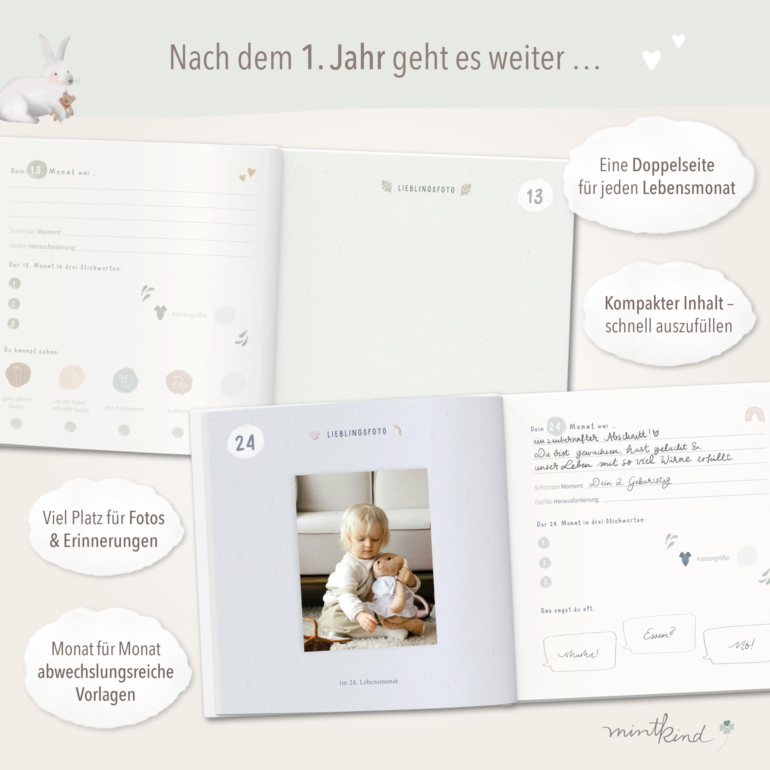mintkind® Babyalbum zweites Lebensjahr Hardcover Babytagebuch zum Eintragen Erinnerungsbuch und Fotoalbum Baby Geschenkidee für Jungen und Mädchen liebevoll gestaltetes Babybuch Salbei