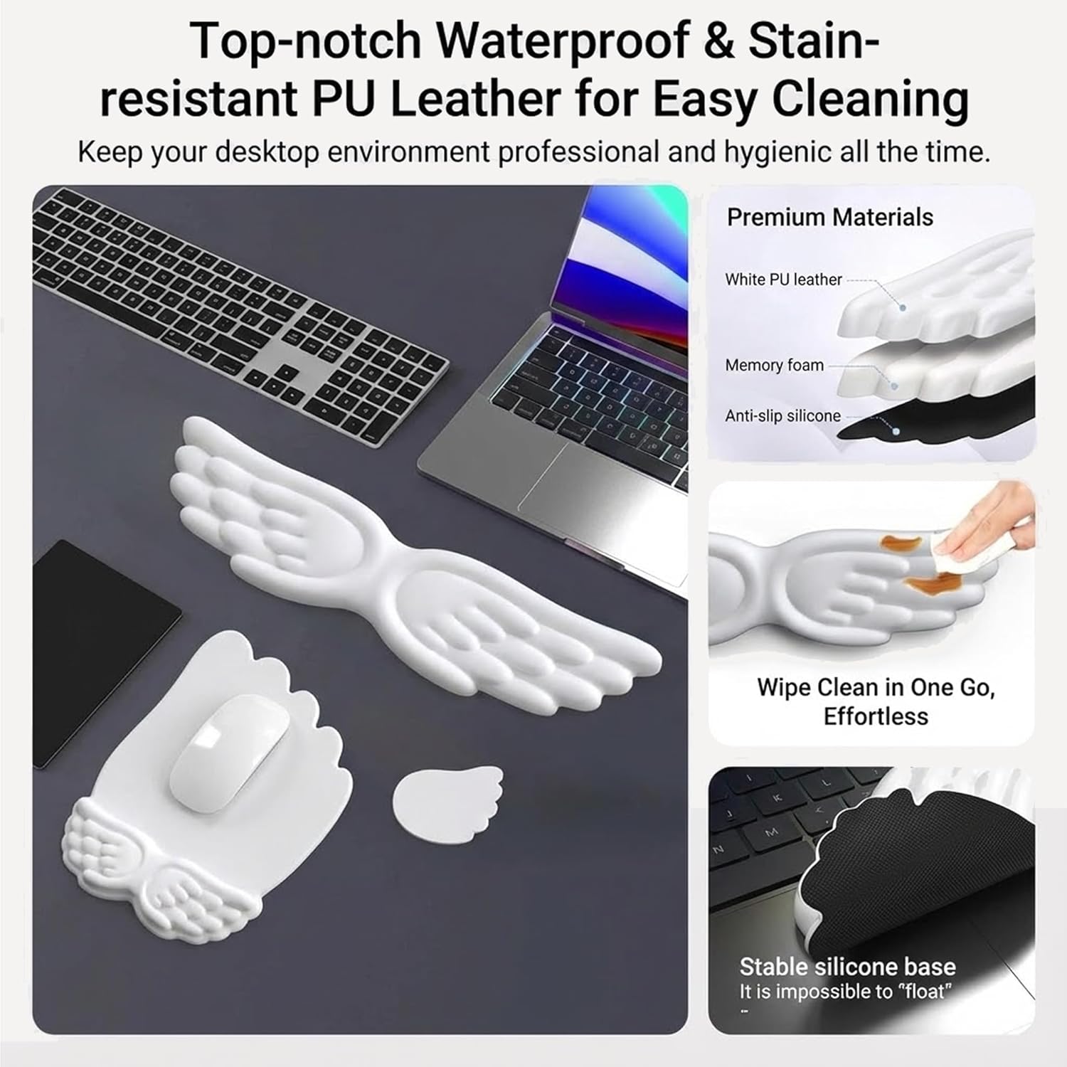 Angel Wing Keyboard Wrist Rest Set, 3 Piece Cloud Wrist Rest for Computer Keyboard with Mouse Wrist Rest and Coaster, PU Leather Memory Foam Wrist Support for Office, Home and Gaming (Blue-A)
