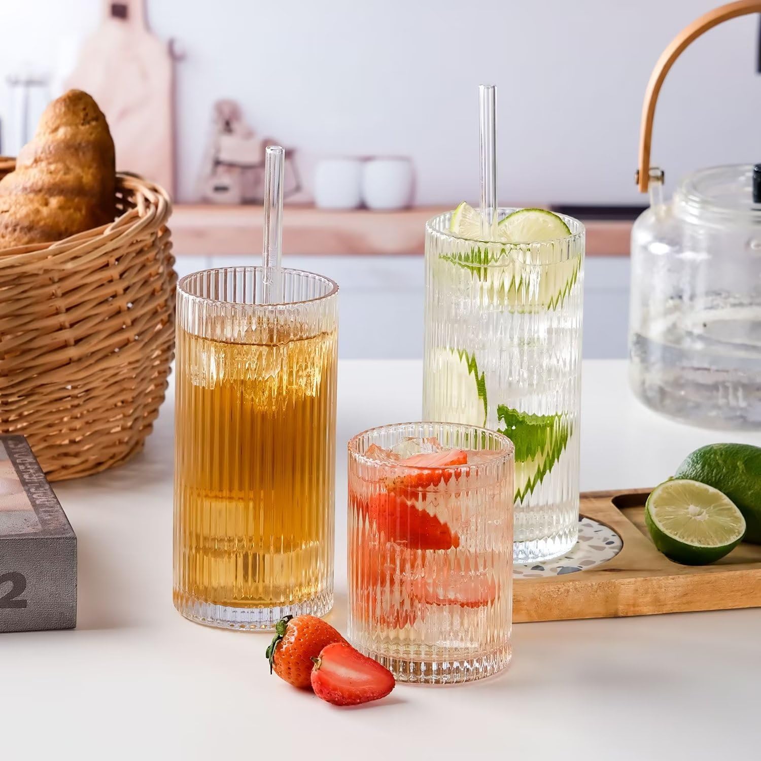 WHJY Ribbed Glassware Highball Glasses Unique Everyday Drinking Glasses Short Glasses Cups Set of 4 for Cocktail, Whiskey, Beer, Juice - 8.8oz 3.7" - Image 7