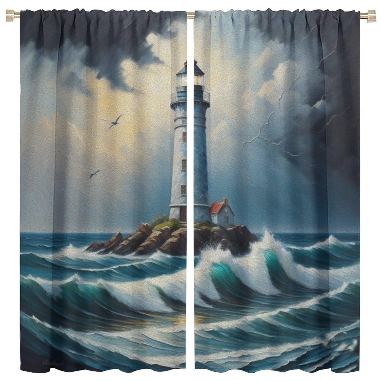 Lightinghouse Curtain Waves and Dark Clouds Lightning Island Blackout Print Rod Pocket Window Drapes for Bedroom Living Room 42x54in