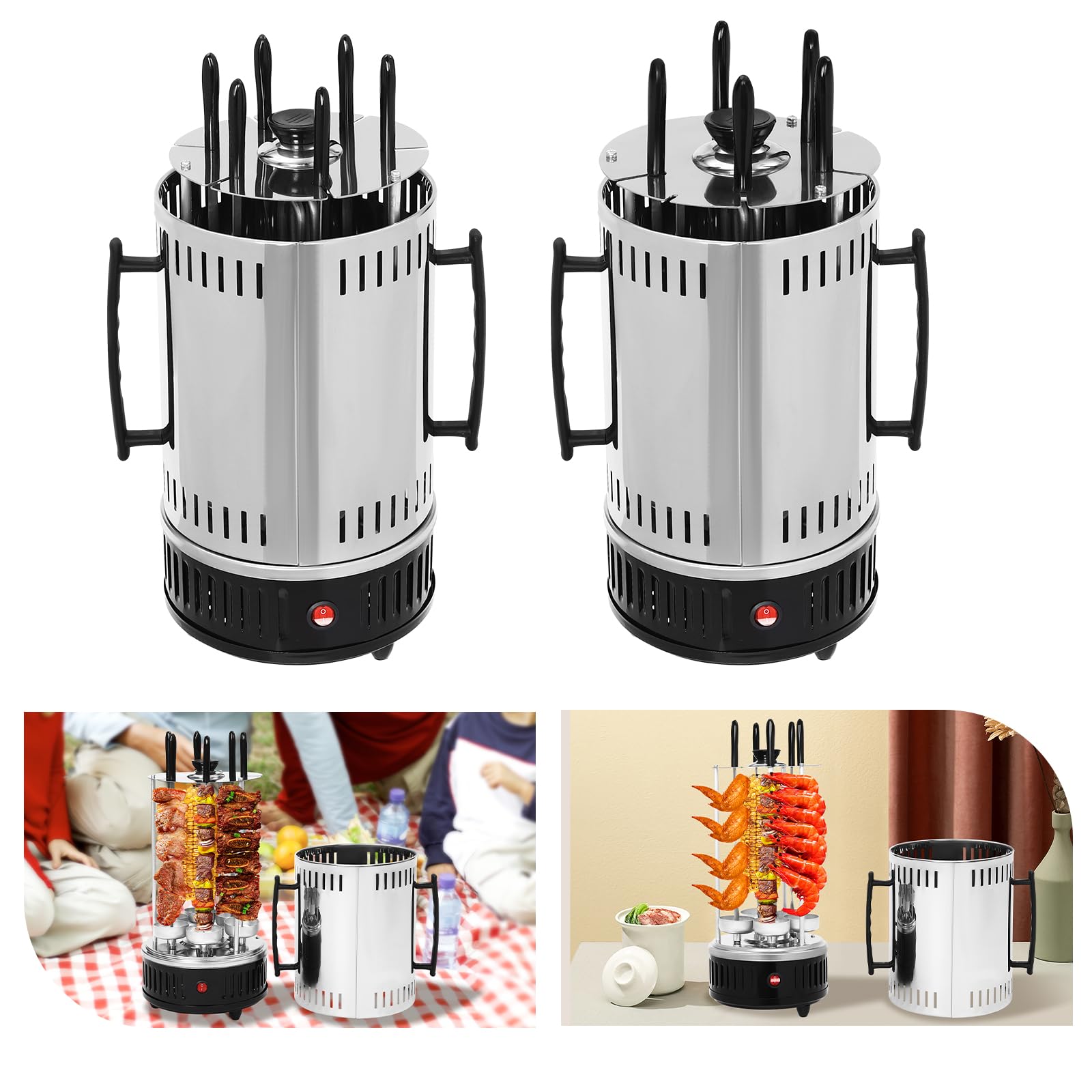 Pionowy grill elektryczny z 5/6 szpikulcami | automatyczna rotisseria 1000 W | niski poziom dymu i zdrowy | na rodzinne posiłki lub do gastronomii | stal nierdzewna | łatwy do czyszczenia