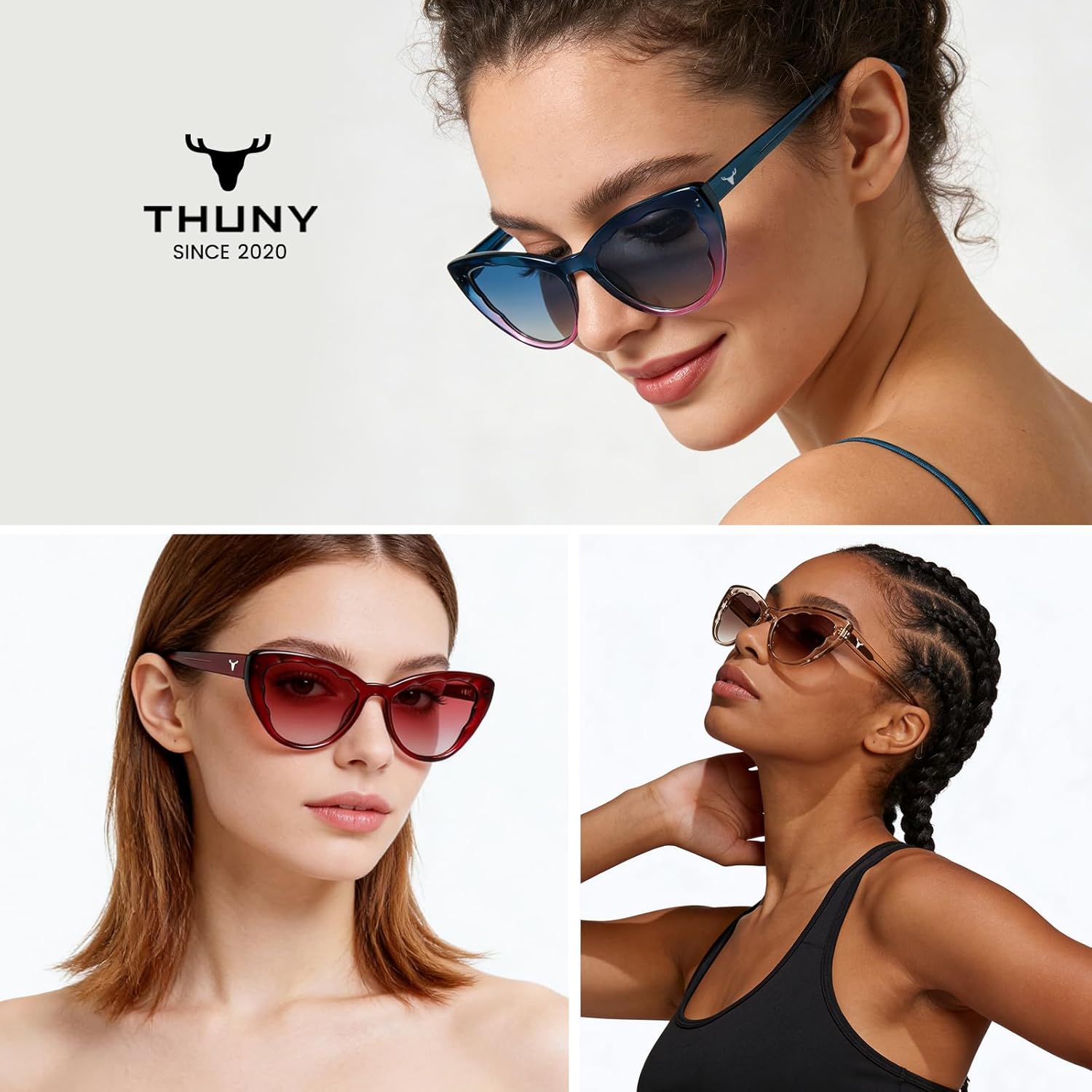 THUNY Retro Cat Eye Sunglasses UV400 Protection for Women，Trendy Gradient Petals Frame Polarized Cateye Sunglasses Women