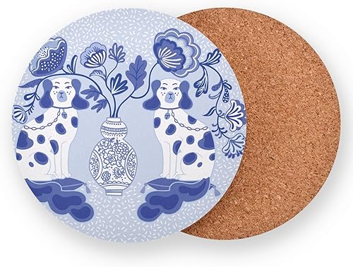 Miniatura 2 de pnyoin Staffordshire - Juego de posavasos de porcelana azul y blanca con diseño de perros, juego de 4 posavasos redondos, base de corcho para