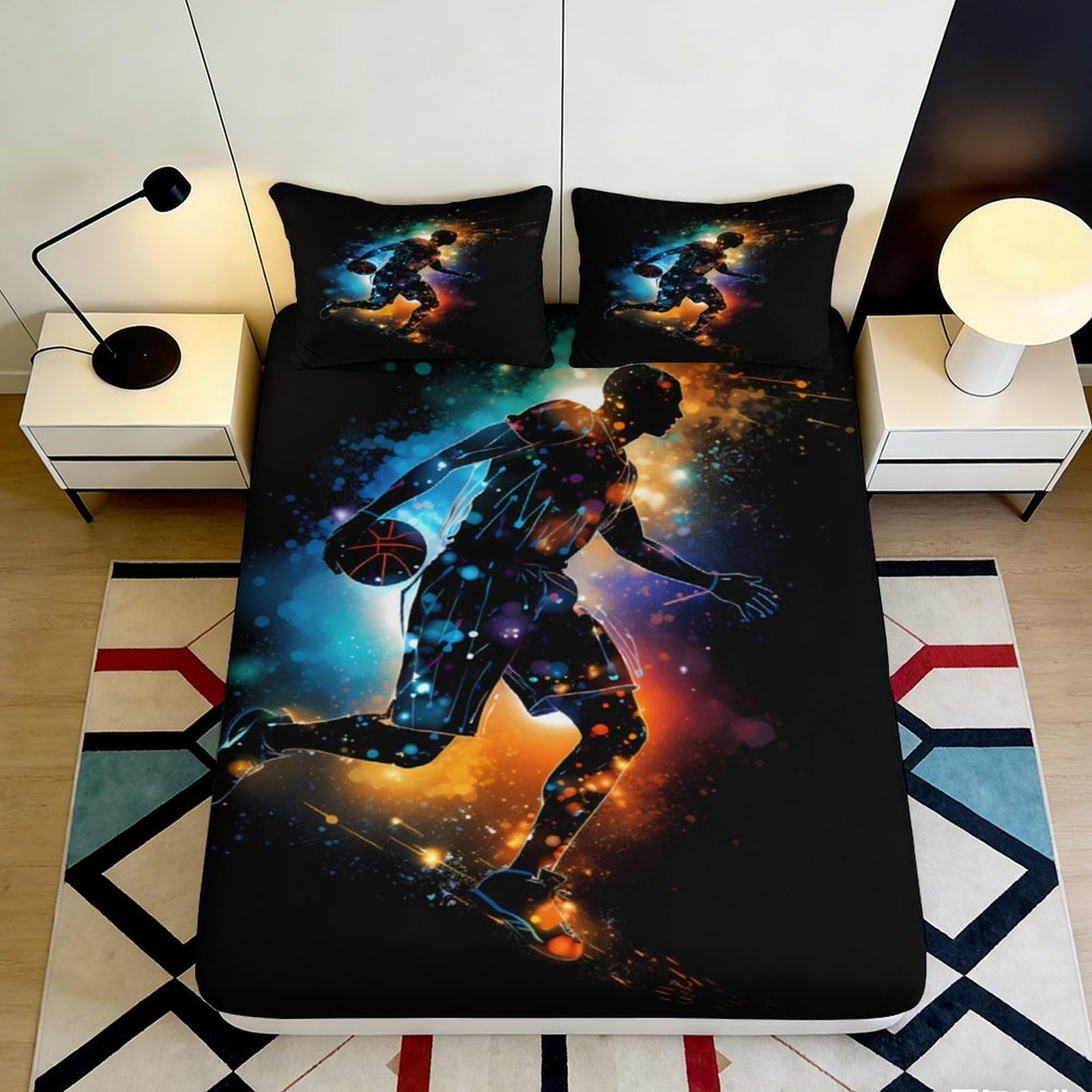 3D Printed Basketball Galaxy Fitted Sheet Microfiber Soft Mattress Cover Cosmic Nebula for Bedroom Dorm Decor 90x200x25cm