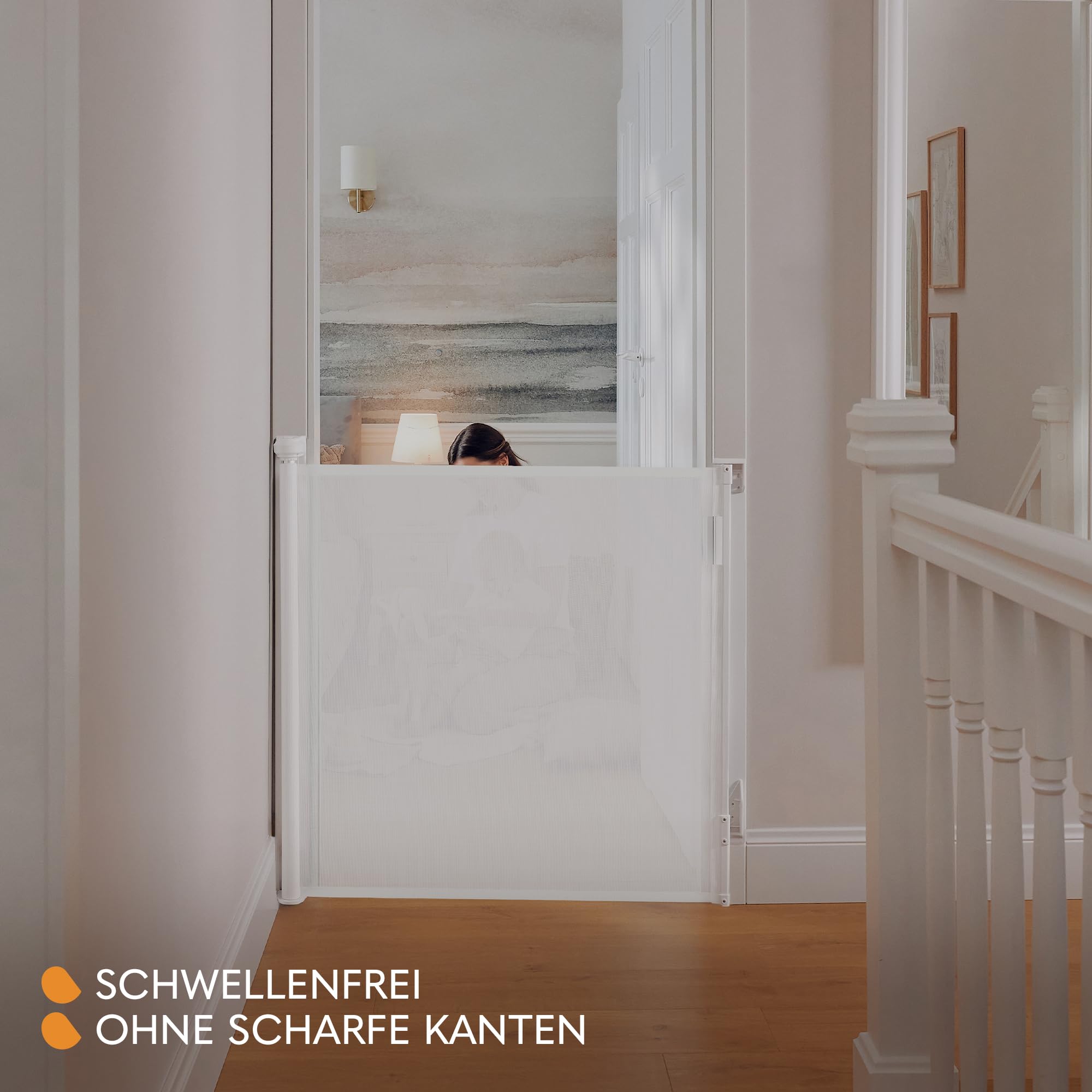 Lionelo Thea Treppenschutzgitter Ausziehbar für Babys, Hunde bis 140 cm | Türschutzgitter Kindertreppenschutzgitter Schutzgitter ohne Schwelle Doppelverriegelung UV-Schutz, 3 Montagesets Stabi