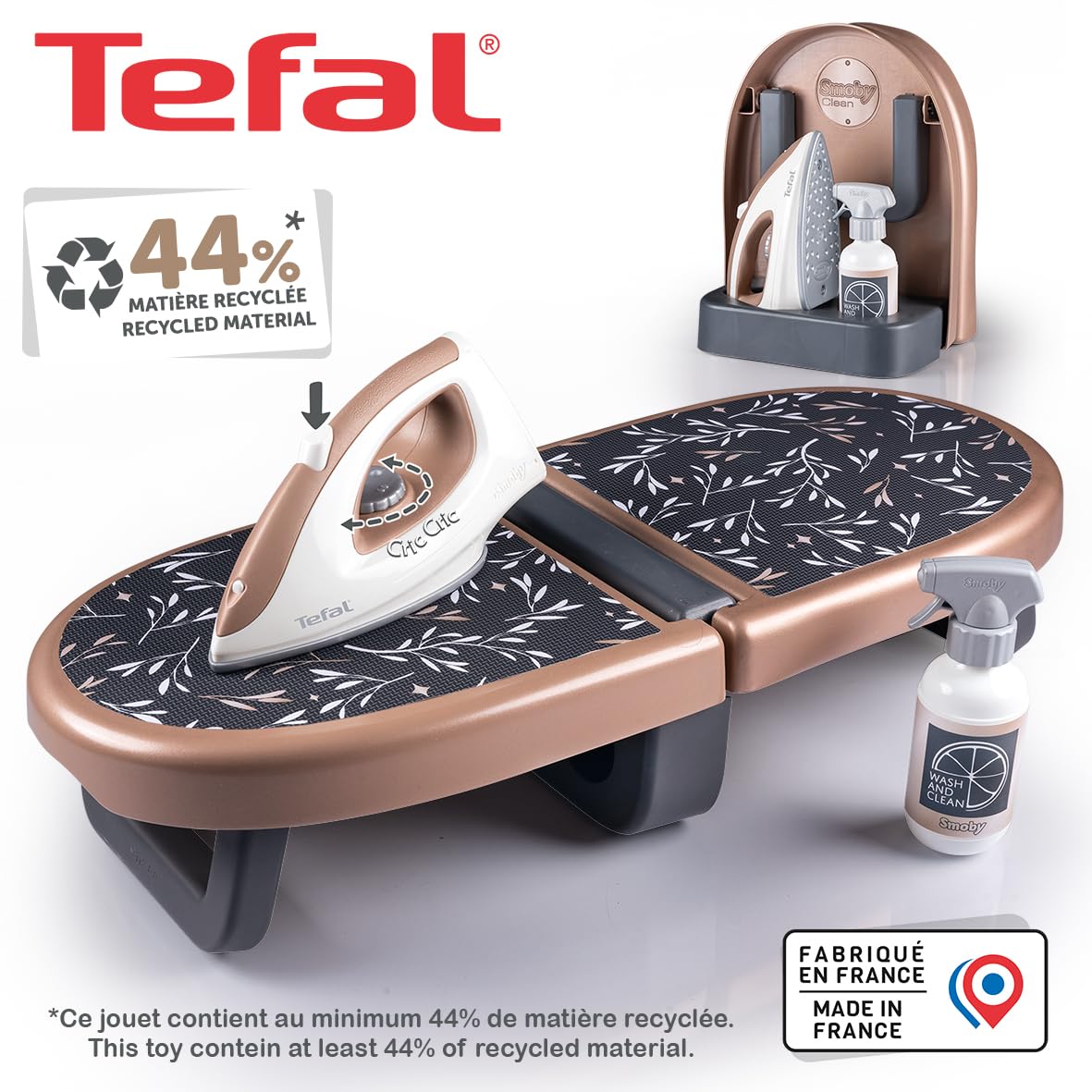Smoby - Tefal Bügelbrett für Kinder - Faltbare Mitnehm-Spiel-Bügelstation mit Spielzeug-Bügeleisen & Sprühflasche - Kompakt & realistisch - mit recyceltem Material, für Kinder ab 3 Jahren