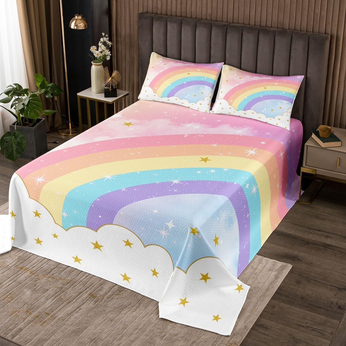 3 Piece Rainbow Quilt Bedding Set Women Aldult Lightweight Bedding Colorful Stripes Bedspread Set Cute Girl Style Bedspread Coverlet Soft Microfiber Home Quilt Set for King Bed All Season