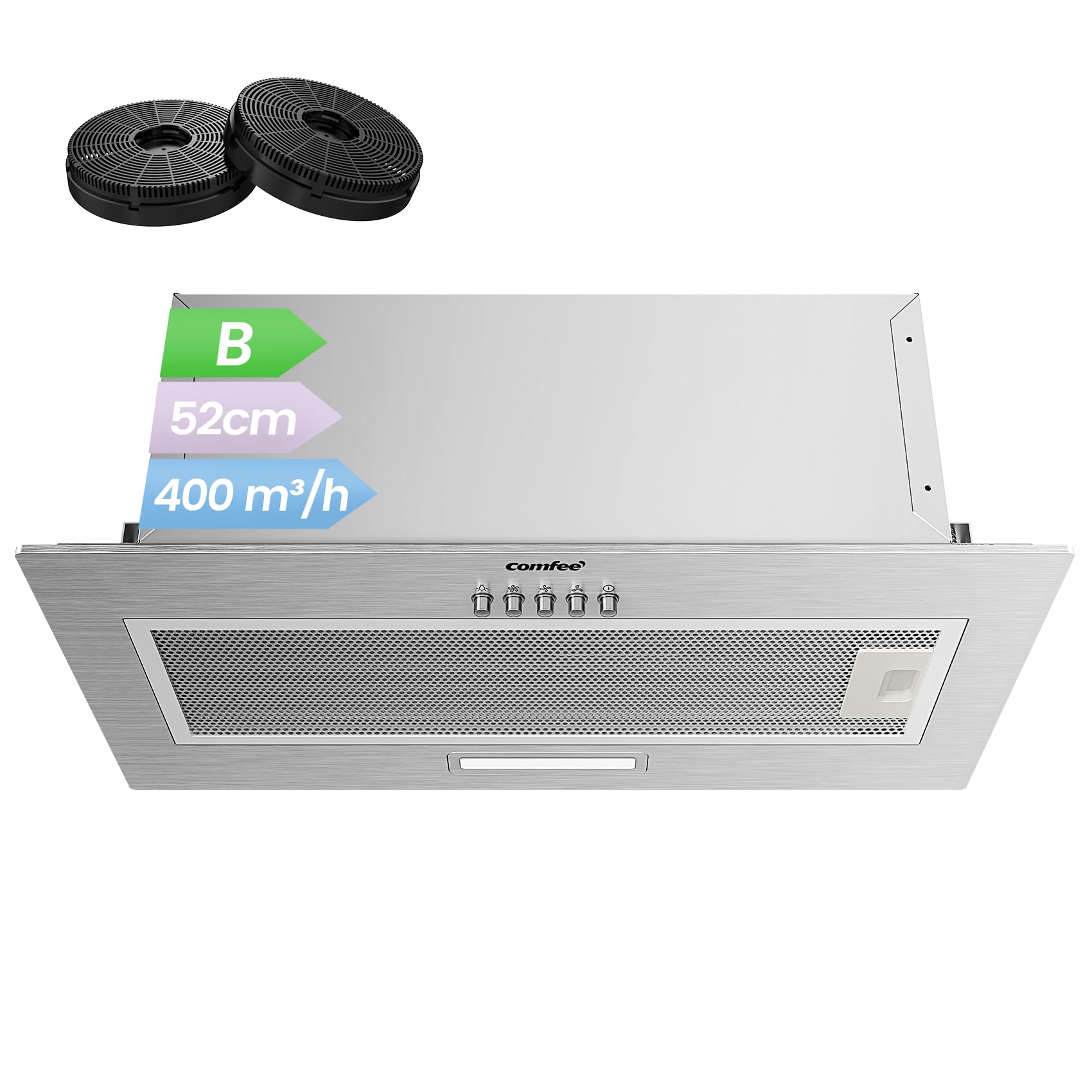COMFEE' Integrated Cooker Hood CHL17EM21I, 52cm Stainless Steel Built-in Extractor Fan Kitchen, 400m³/h Powerful Extraction, 3 Speed Settings, LED Lighting, Easy Clean Filters