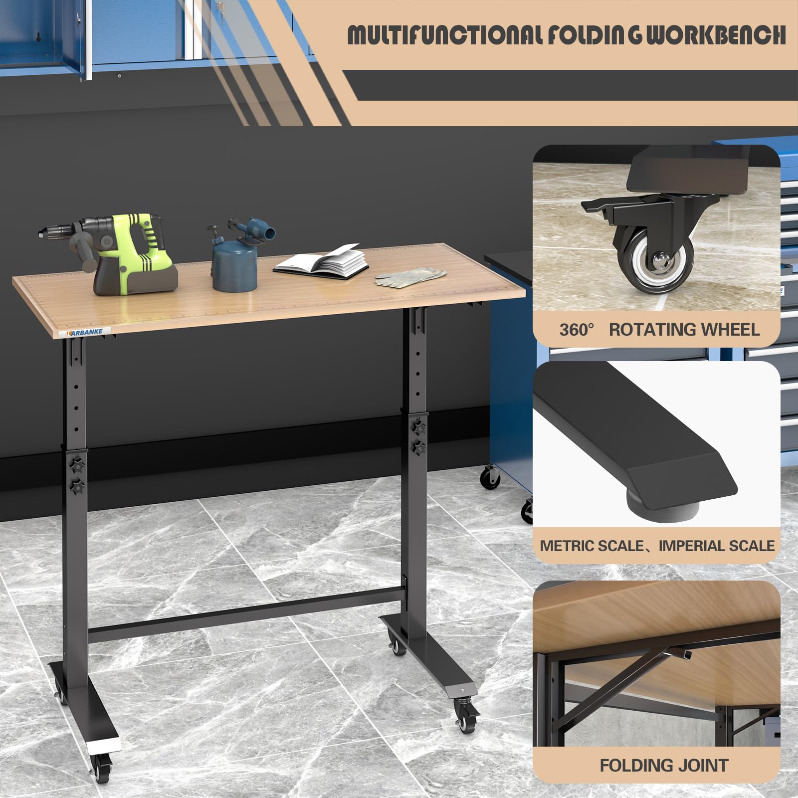 LARBANKE Klappbare Werkbank (115cm) Belastbar bis 363kg, Mobiler Arbeitstisch Höhenverstellbar (85-115cm), Schwerlast-Tisch mit Rollen & Skala, Werkzeuglose Montage