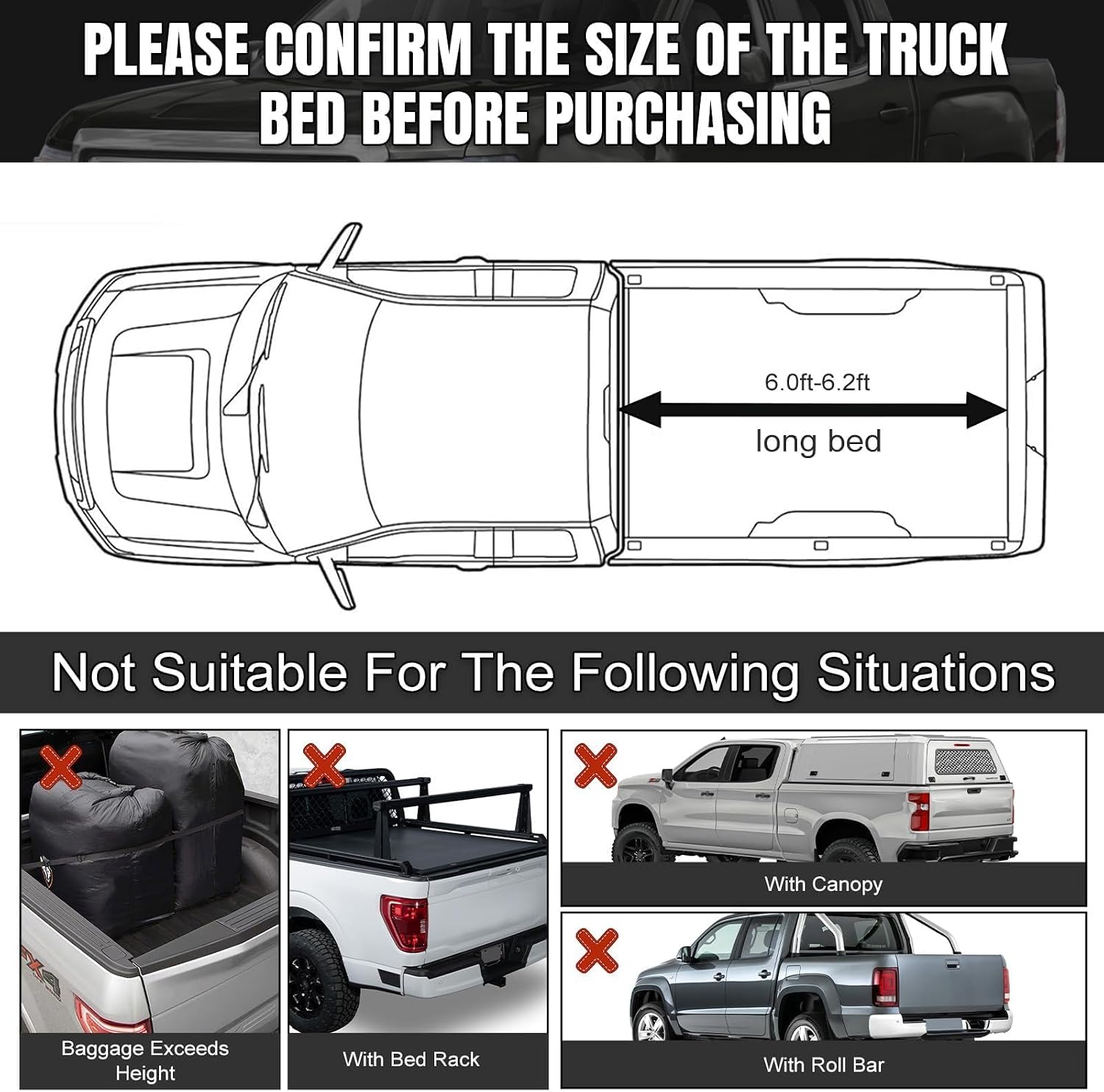 Truck Bed Tarp Cover Compatible with Toyota Tacoma, Ford Ranger 6Ft-6.2Ft Long Bed, 600D Oxford Cloth Heavy Duty with 12 Elastic Cords Pickup Bed Tarp for Snow Rain Dust Protection