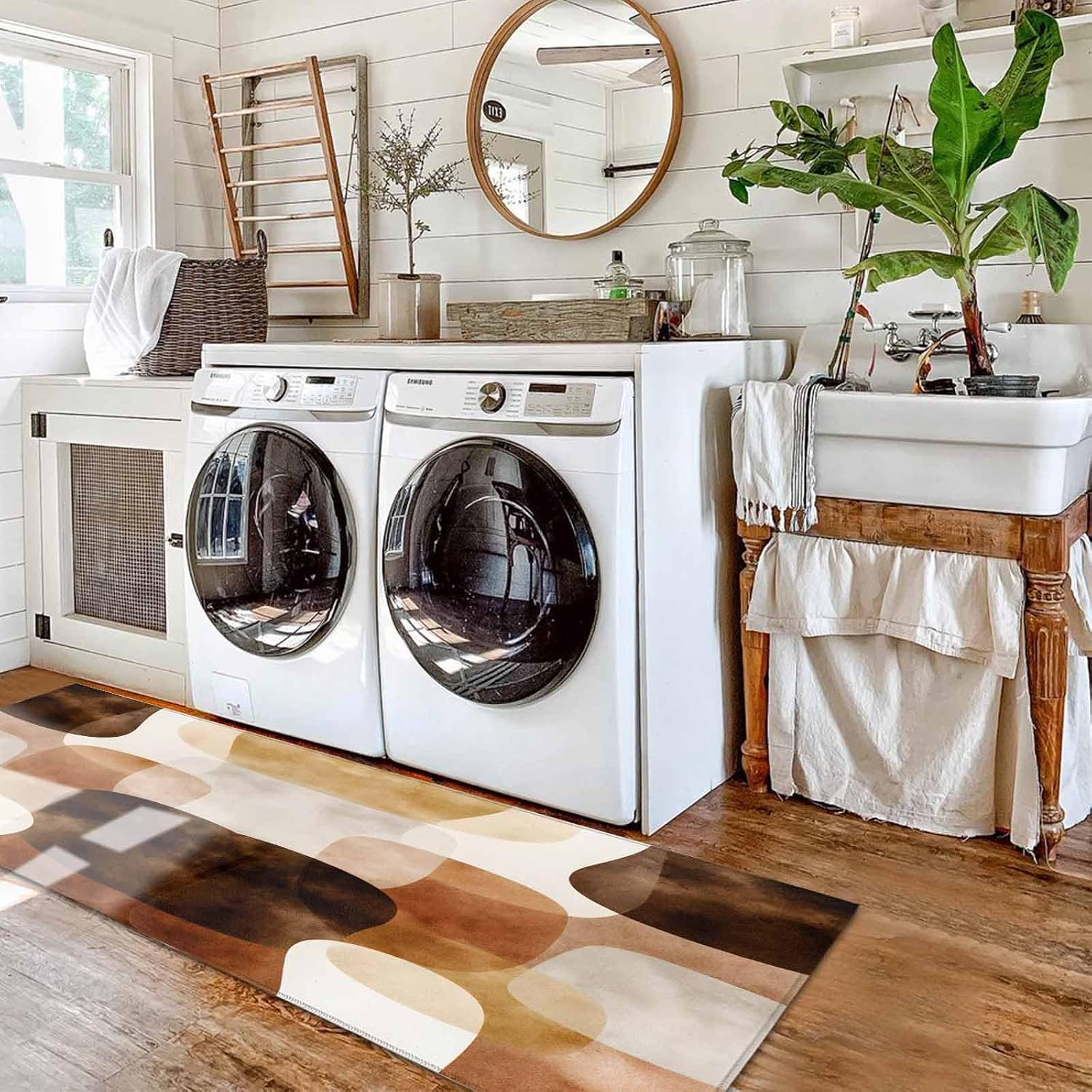 Kitchen Mats for Floor Abstract Boho Terracotta Brown Color Block Washable Non Slip Kitchen Rugs 2PCS, Minimalist Art Absorbent Standing Mats for Sink Office Living Room 15.7x23.6in+15.7x47.2in
