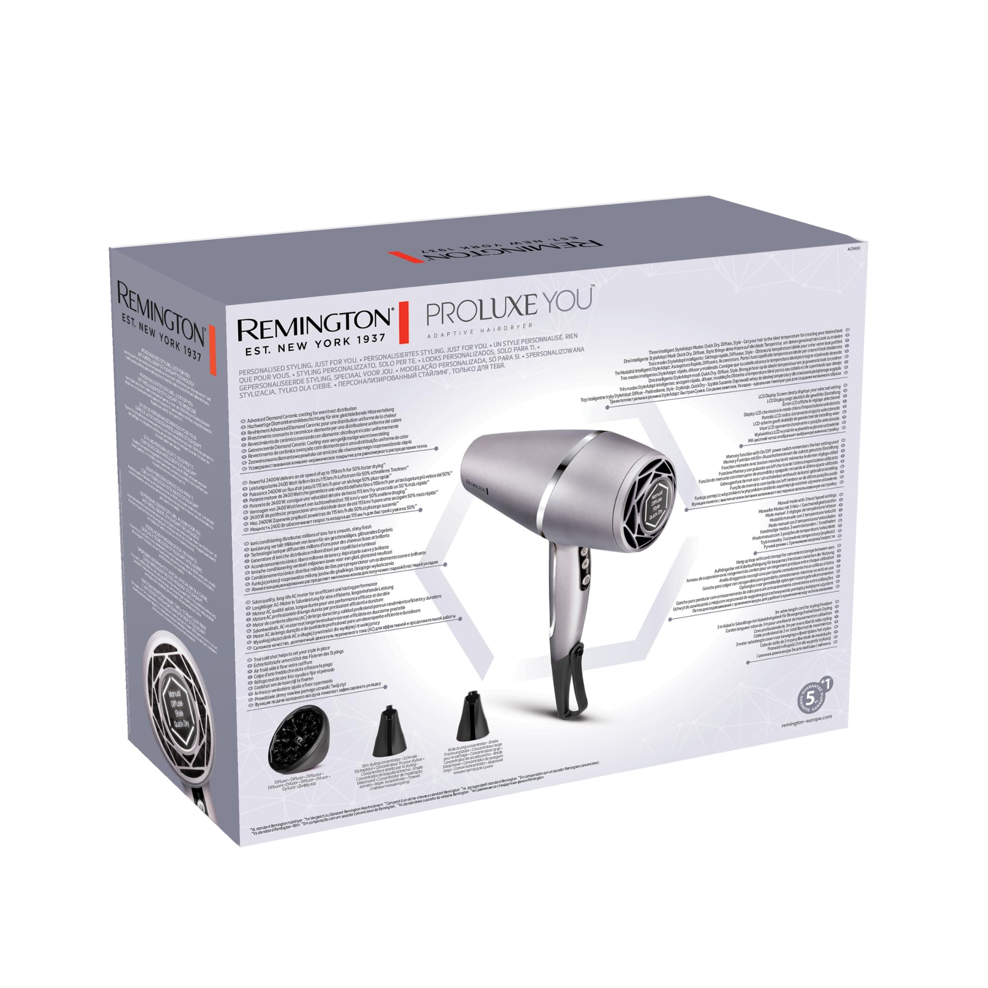 Remington Hair Dryer [3 Attachments: Diffuser & 2 Concentrators, Intelligent StyleAdapt™ Adjusts Heat to Hair] PROluxe You (Ionic & Diamond-Ceramic Coating, Fast Dry, Smooth Finish, 2400W) AC9800
