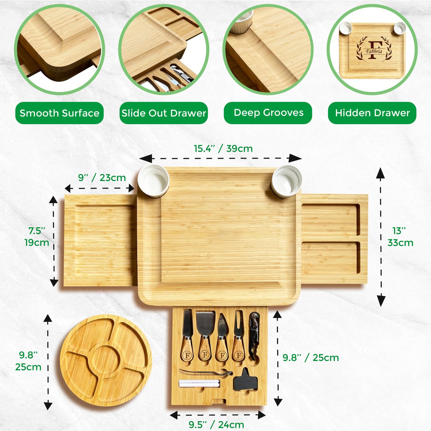 Planche à fromage en bambou avec 3 tiroirs et ustensiles - Plateau rond inclus - Cadeau de mariage, d'anniversaire, de pendaison de crémaillère pour famille, femme, couple