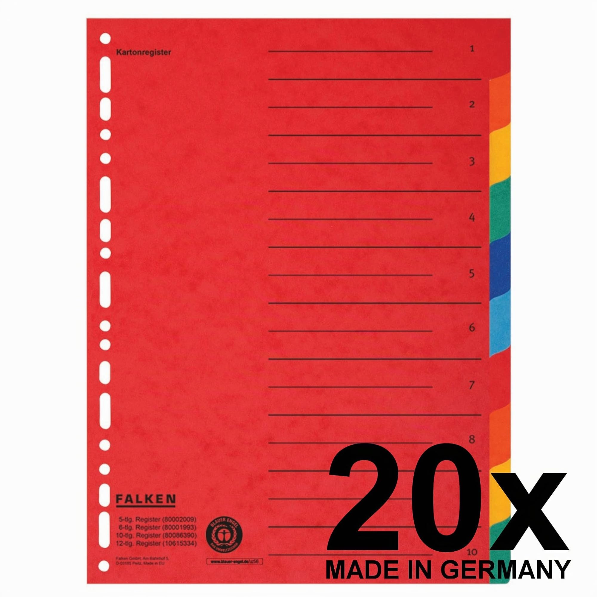 FALKEN 20x Karton-Register überbreit DIN A4+ 245 x 30 cm 10-teilig | volle Höhe mit Organisationsdruck vollfarbig 2 x 5 Farben zur Ablage von Prospekthüllen