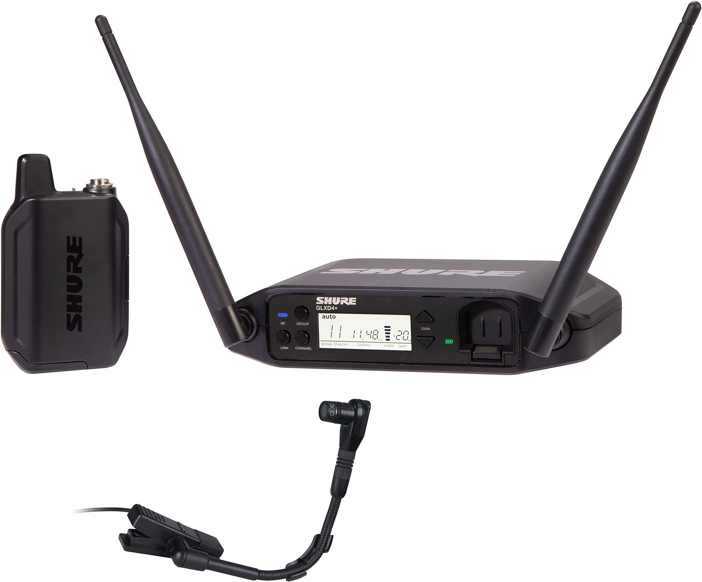 GLXD14+/B98 Dual Band Digital Wireless Microphone System for Brass, Woodwinds, Percussion - 12-Hour Battery Life, 100 ft Range | Clip-on Instrument Mic, Single Channel Receiver (GLXD14+/B98-Z3)