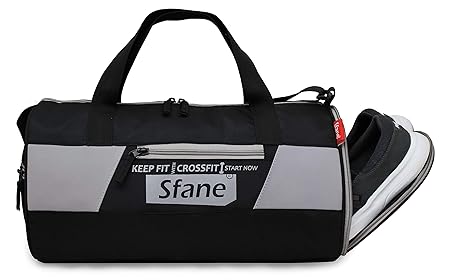 Sfane Men & Women Gray & Black Leather Duffel Gym Bag with Shoe Compartment