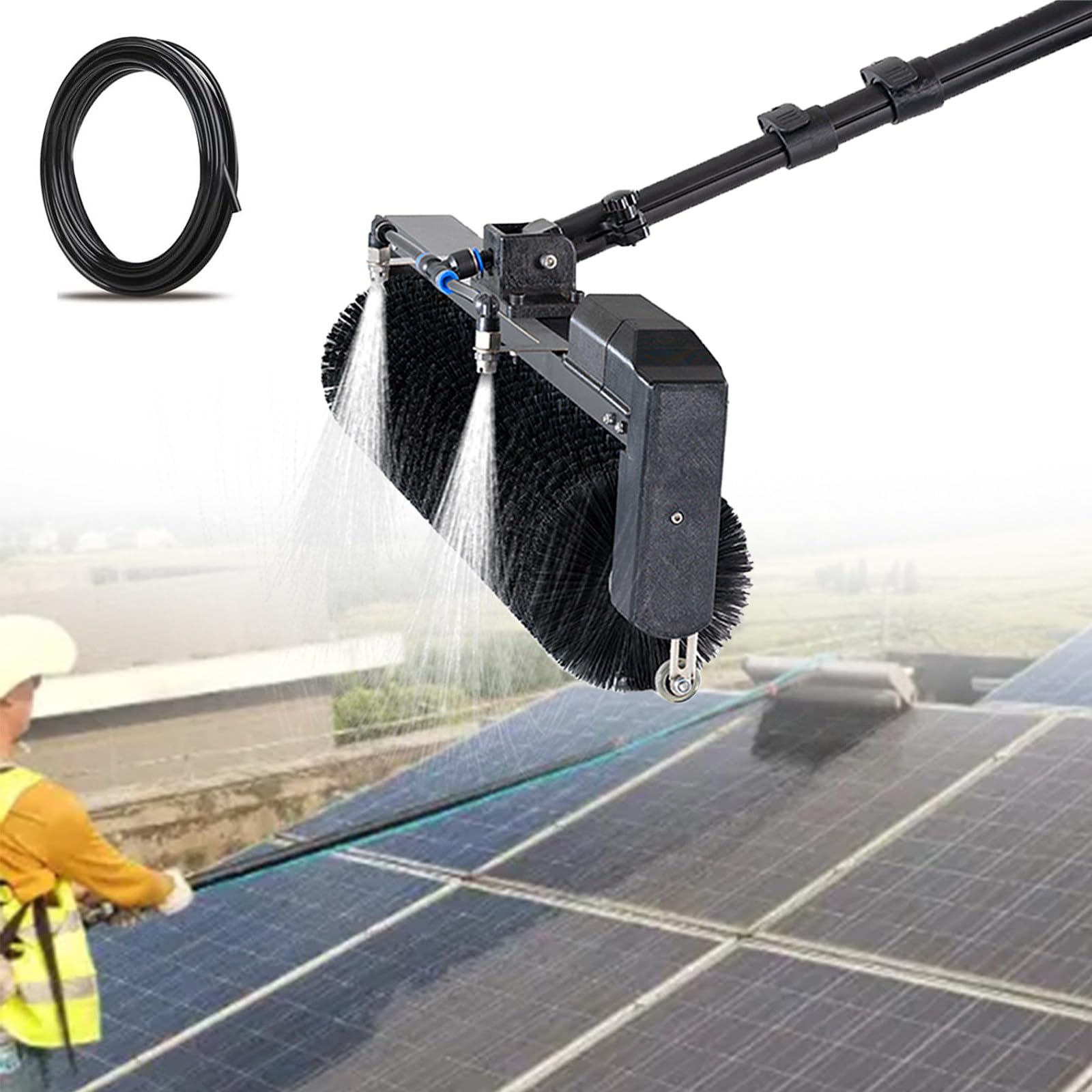 Cepillo de limpieza de paneles solares con cabezal giratorio automático y poste ajustable para un mantenimiento fotovoltaico eficiente (750 cm)