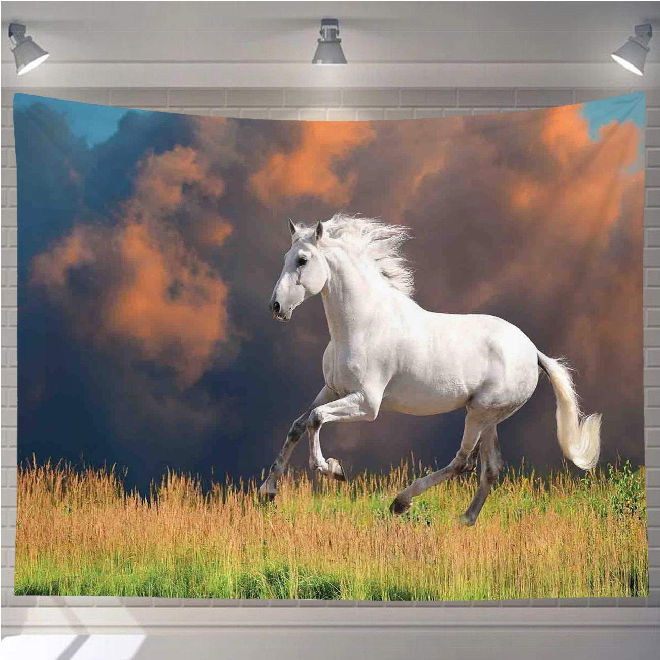 OTTOSUN Horse Tapestry Wall Hanging,Animal Andalusian Horse Majestic Dust Cloud Strong White Orange Green,Wall Art for Living Room Bedroom Home Decor,60x40 in
