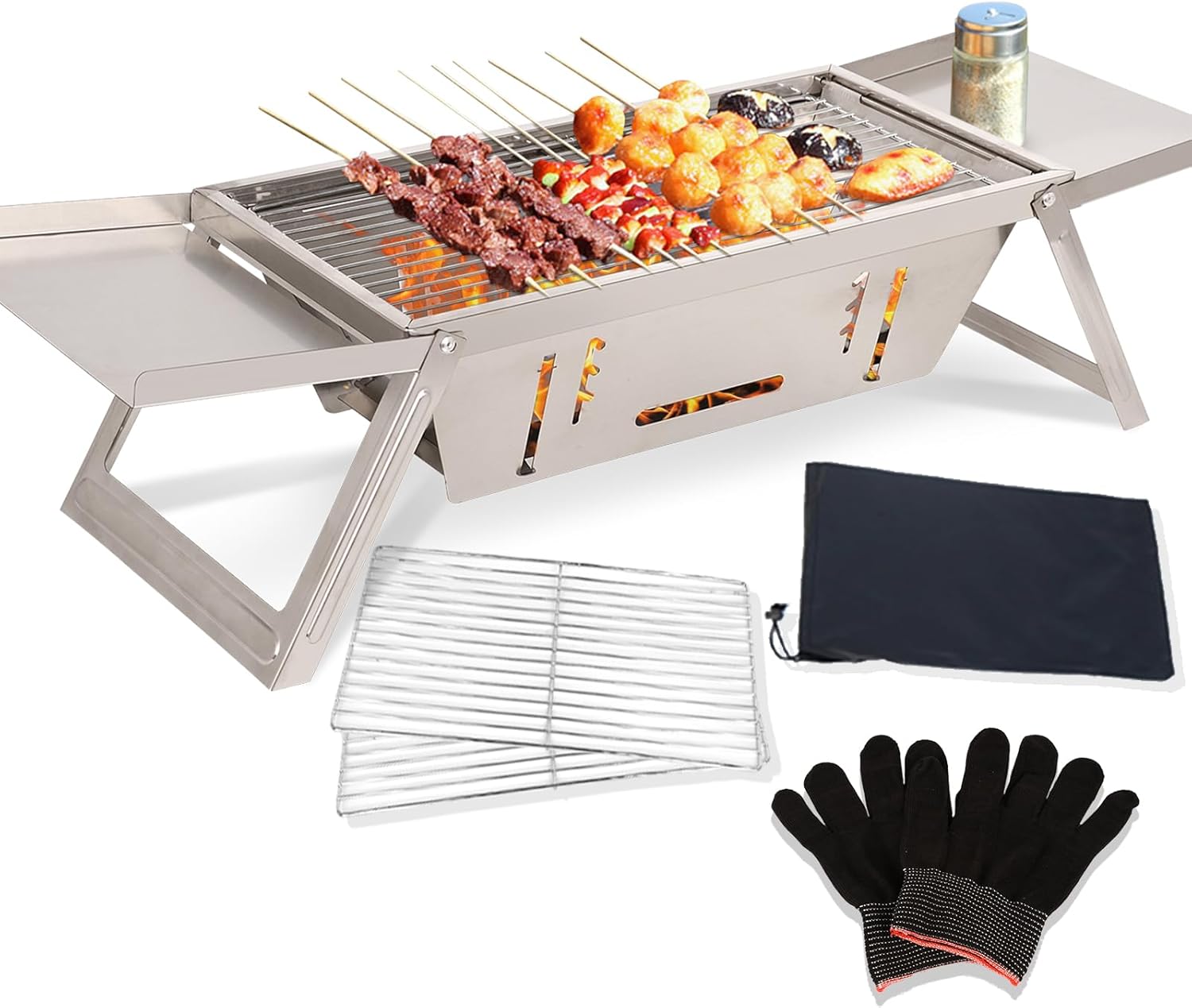 Aolawco BBQ Barbecue Grill Outdoor, Portable Folding Charcoal Barbecue, Stainless Steel Small Barbeque Grill for Camping Picnic Terrace Travel (17.13”x8.86”x1.57”)