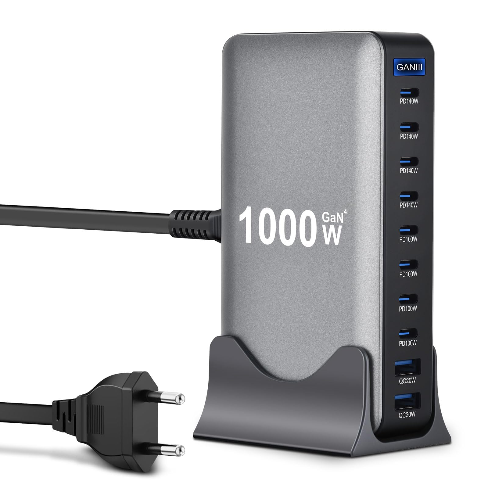 Caricatore USB C multiplo, 1000 W, 10 porte, GaN III, stazione di ricarica rapida con 8 USB-C e 2 USB-A, caricabatterie PD PPS 100 W, adattatore per laptop per Mac Book Pro/Air/iPad Pro