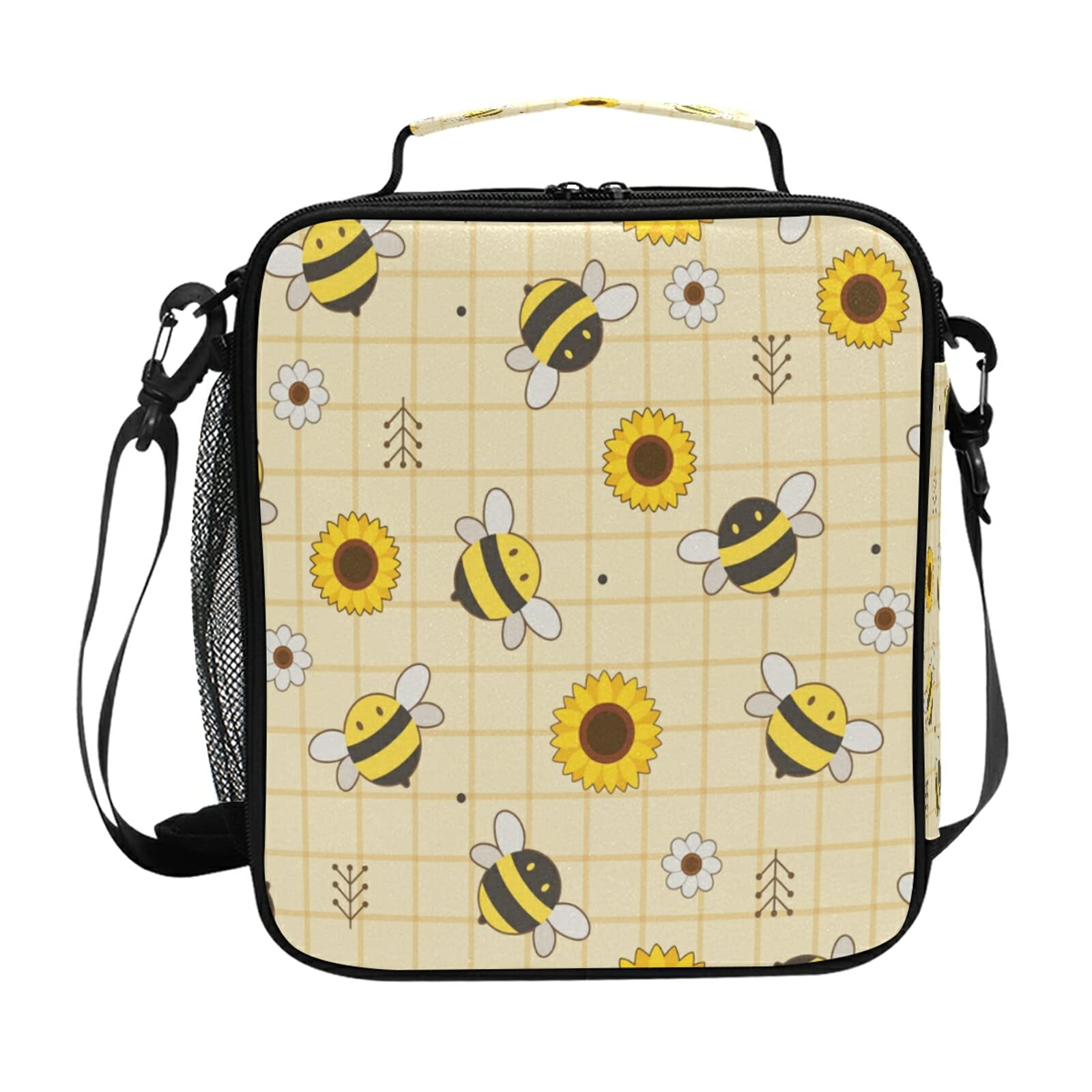 HMZXZ Cute Bee Flower Leaves Lunch Bag Box for Women Teens Girls Cooler Insulated Lunch Bag Tote Freezable Shoulder Strap Waterproof Picnic Meal for School Office Work