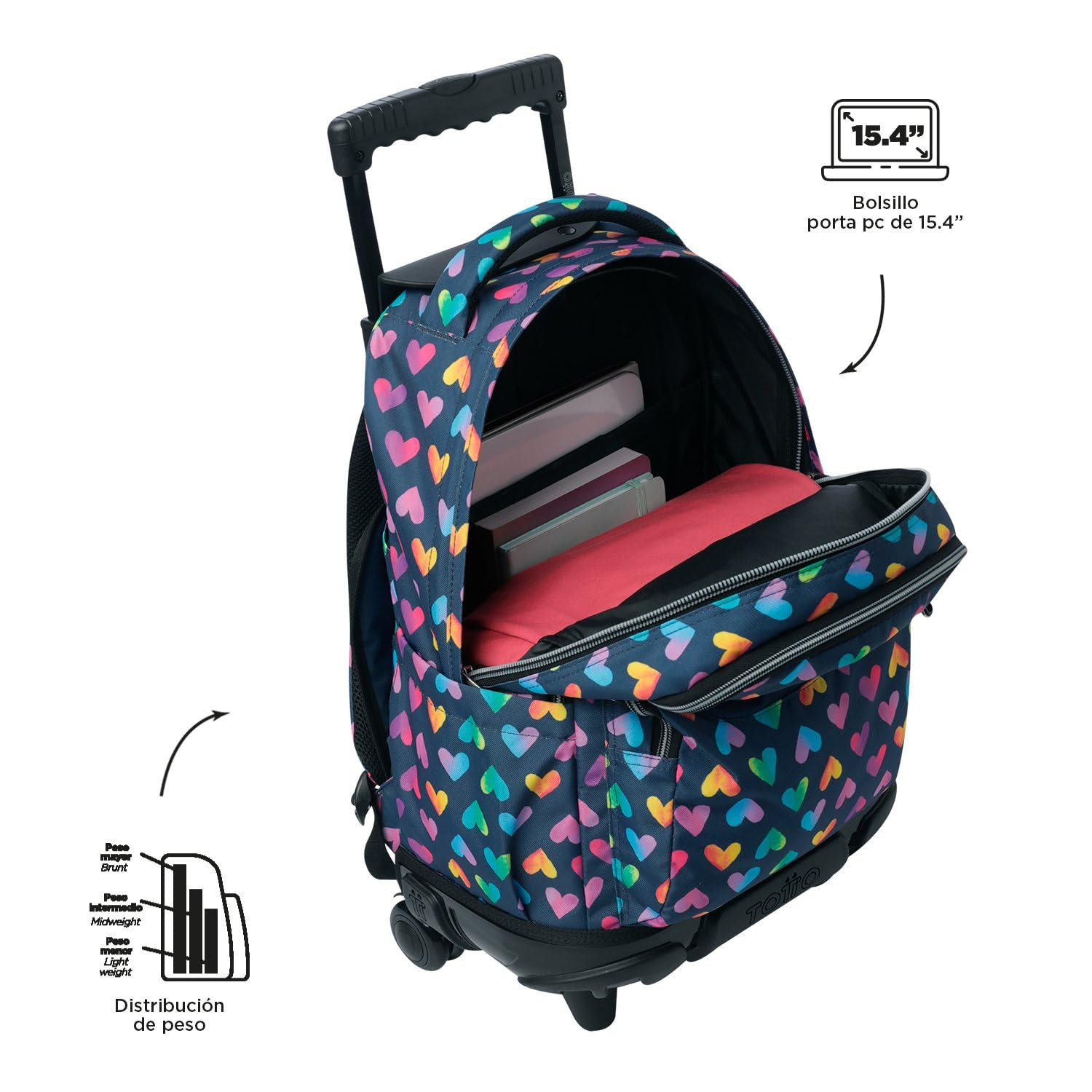 TOTTO - Mochila Escolar con Ruedas, Modelo Renglones, Capacidad 26,21 Litros, Bolsillo para PC 14", Bolsillo Botella, Correas en S para Mayor Comodidad, Resistente, Estampado Latty