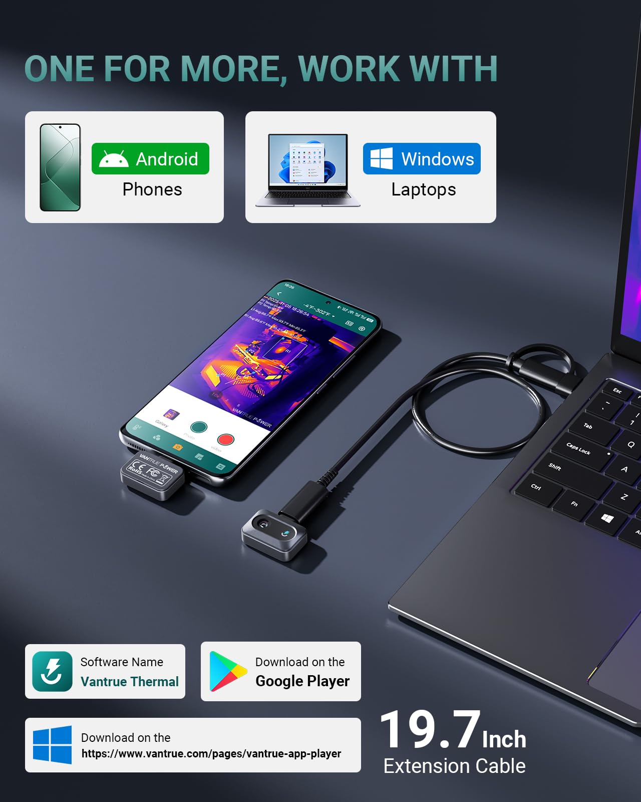VANTRUE POWER TS1 Minie kamera termowizyjna dla Androida, wzmocnienie obrazu SuperIR, 25Hz, dla telefonów/tabletów, USB-C (dla Androida)