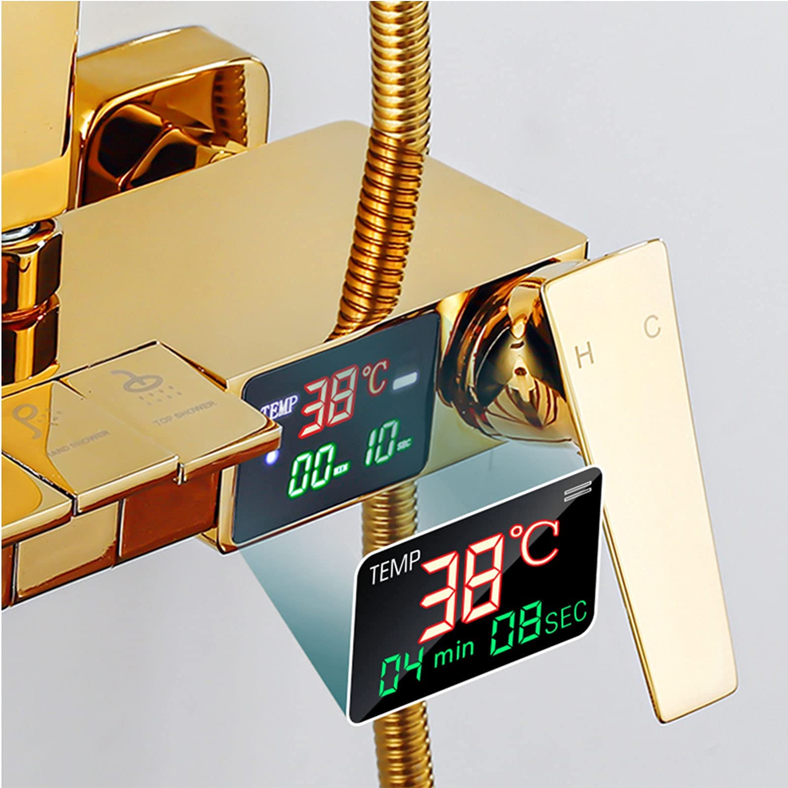 Sistema Doccia 4 In 1 Oro Con Termostato - Soffione Pioggia 22x22 Cm, Doccetta, Bidet E Rubinetto, Ottone, Altezza Regolabile