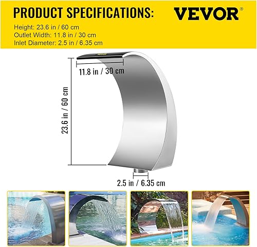 Miniatura 7 de Happybuy Fuente de piscina de acero inoxidable de 17.7 x 11.8 x 23.6 pulgadas, fuente de piscina plateada, para piscinas en el suelo, jardín,