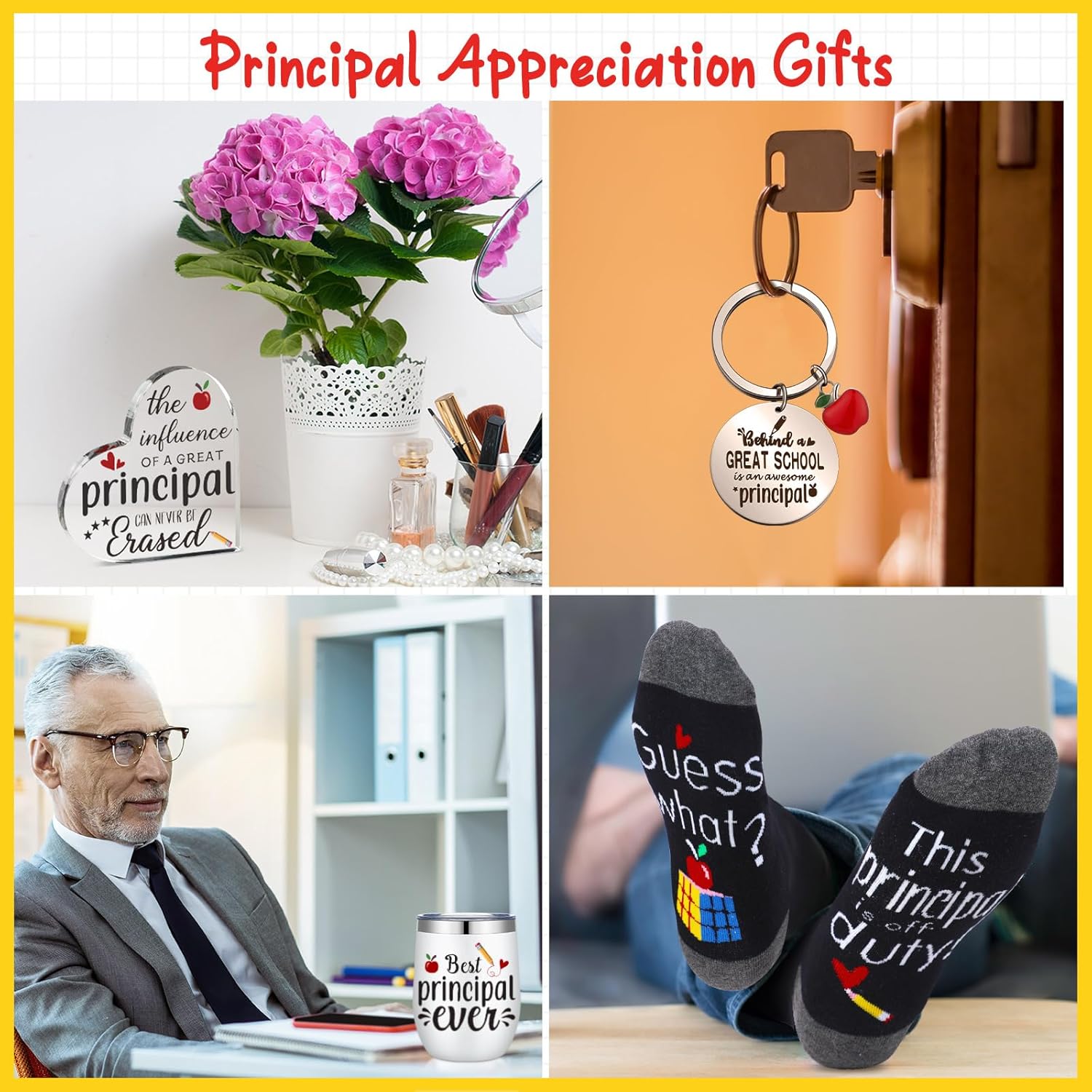 5 Pcs Principal Appreciation Gifts for Women Men Principal Valentine Gifts Tumbler with Lid and Socks Stainless Steel Keychain Acrylic Heart Shaped Sign for Principals Day Birthday Retirement - Image 6
