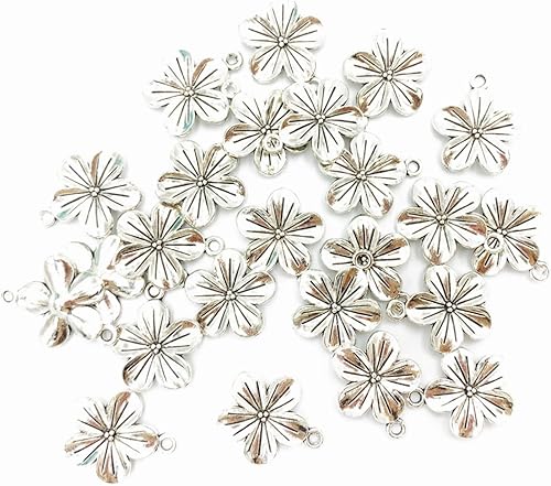 Miniatura 4 de 50 dijes de flores para collares, aretes, pulseras, llaveros, suministros de fabricación de joyas, plata antigua y bronce, Plata, No es una piedra