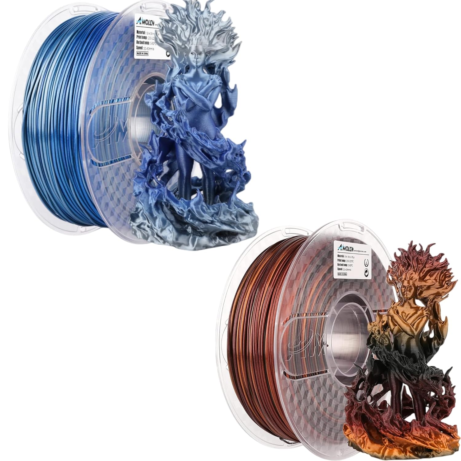 AMOLEN PLA 3D Printer Filament, Silk Black Red Gold & Sliver Blue PLA