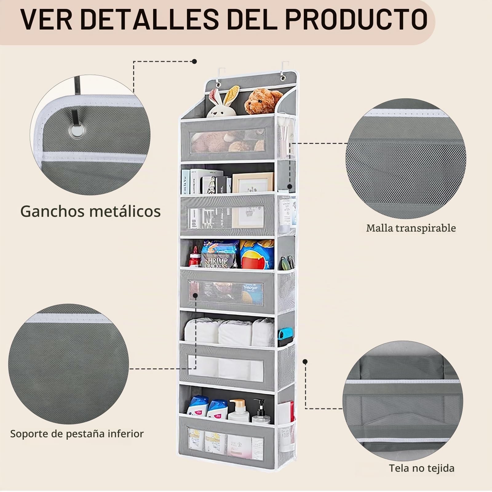 Organizador de almacenamiento sobre la puerta, organizador de puerta colgante con 5 bolsillos laterales de malla, estantes colgantes resistentes para juguetes, pañales, guardería, dormitorio