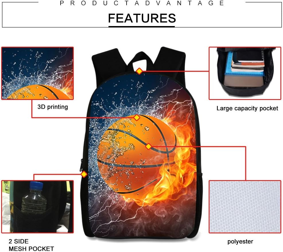 School Backpack，for Age 6-16 Boys with Pencil Bag Combustion Football Design