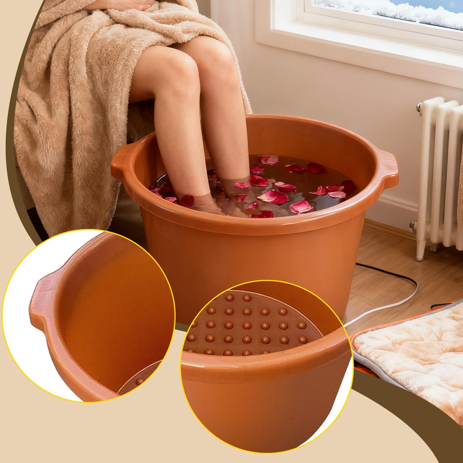 Fußbad SPA-Wanne, Badewanne mit Massagenoppen und Griff, Fußeimer, Angeleimer für Camping, Reinigung (Hellbraun)