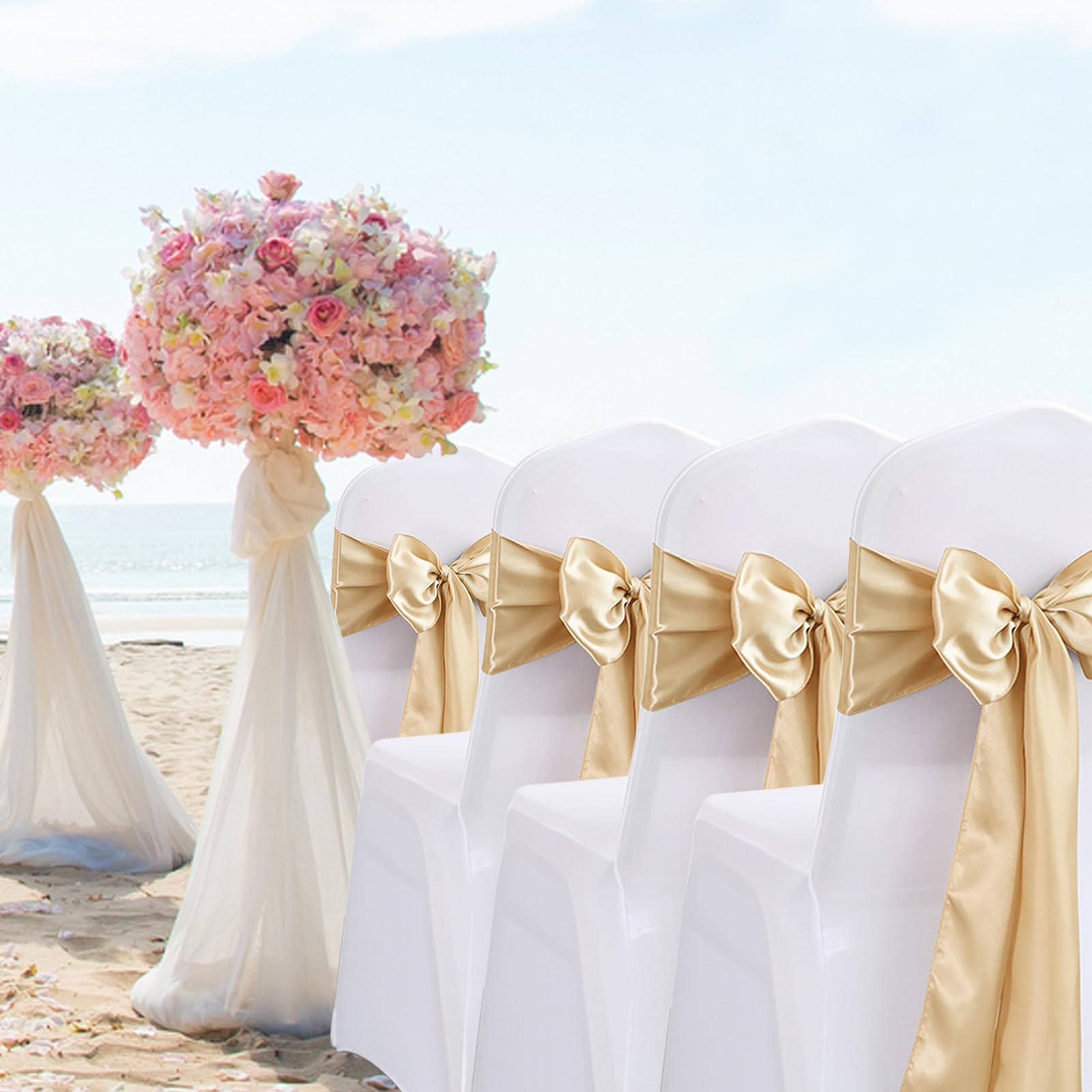 Paquete de 50 Bandas de Satén para Decoración de Fiestas, Lazo en la Espalda, Pajarita de Satén Suave para Sillas de Bodas, para Marcos Arco Decoración Boda Banquete Fiesta (Beige)
