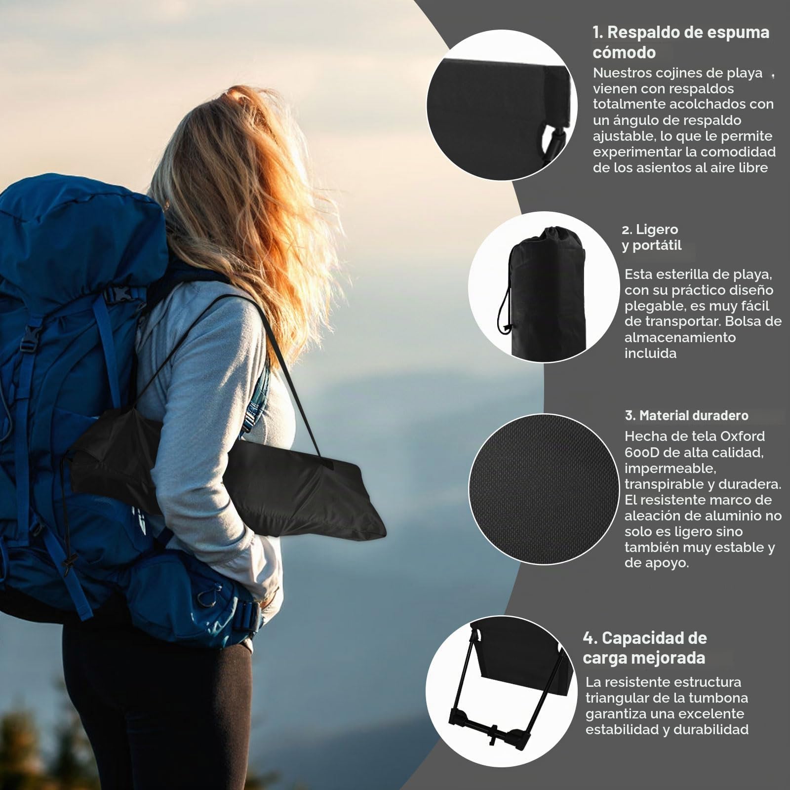Silla de Suelo Plegable con Respaldo,Ligero y Plegable Tumbona Playa,Ajustable Esterilla De Playa Plegable para Camping, Actividades al Aire Libre, Playa y Viajes (Negro)