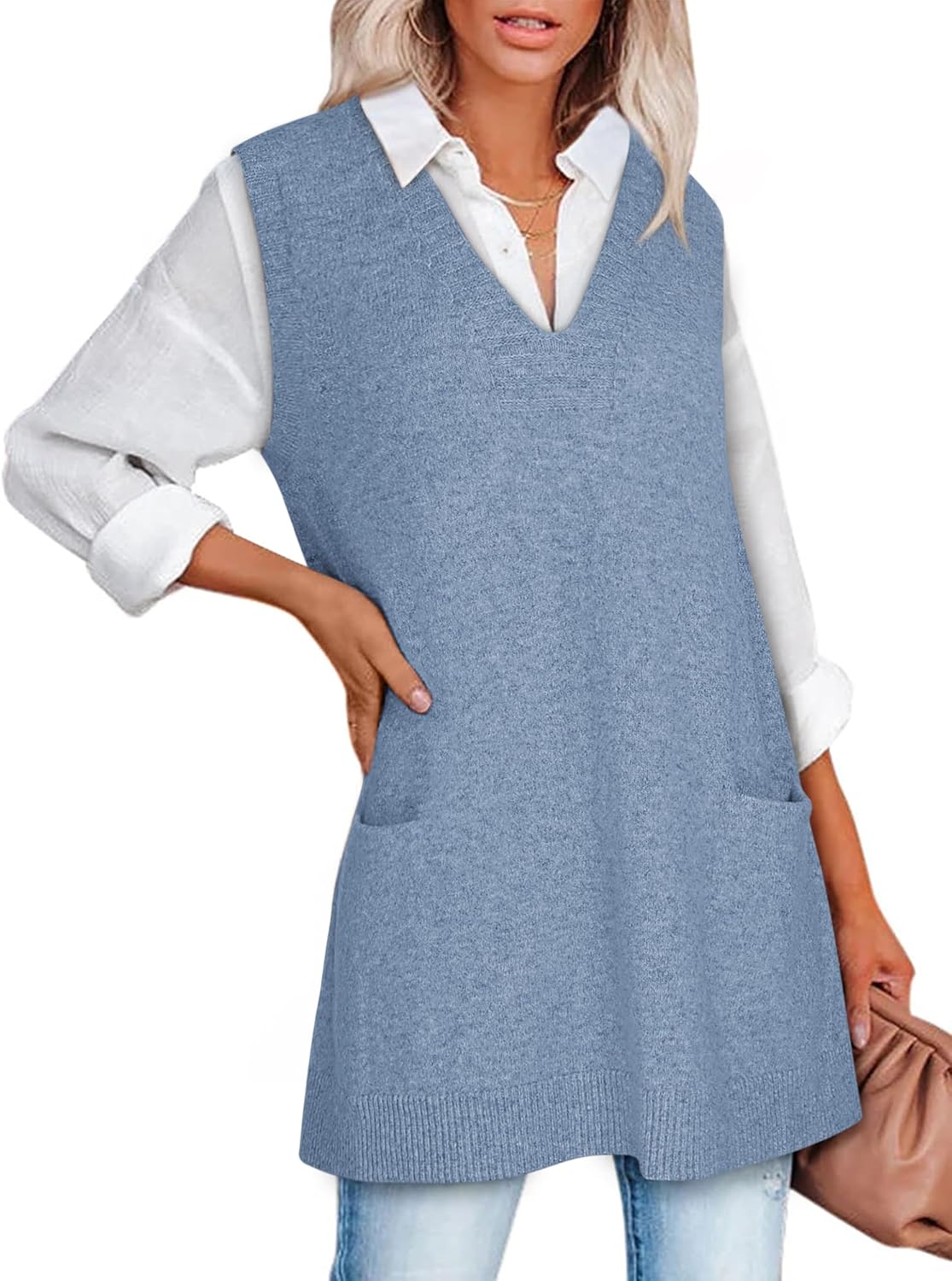 Sweater Vest Women Sleeveless V Neck Oversized Knit Tops Tunic Dress with Pockets Fashion 2026 Spring Clothes