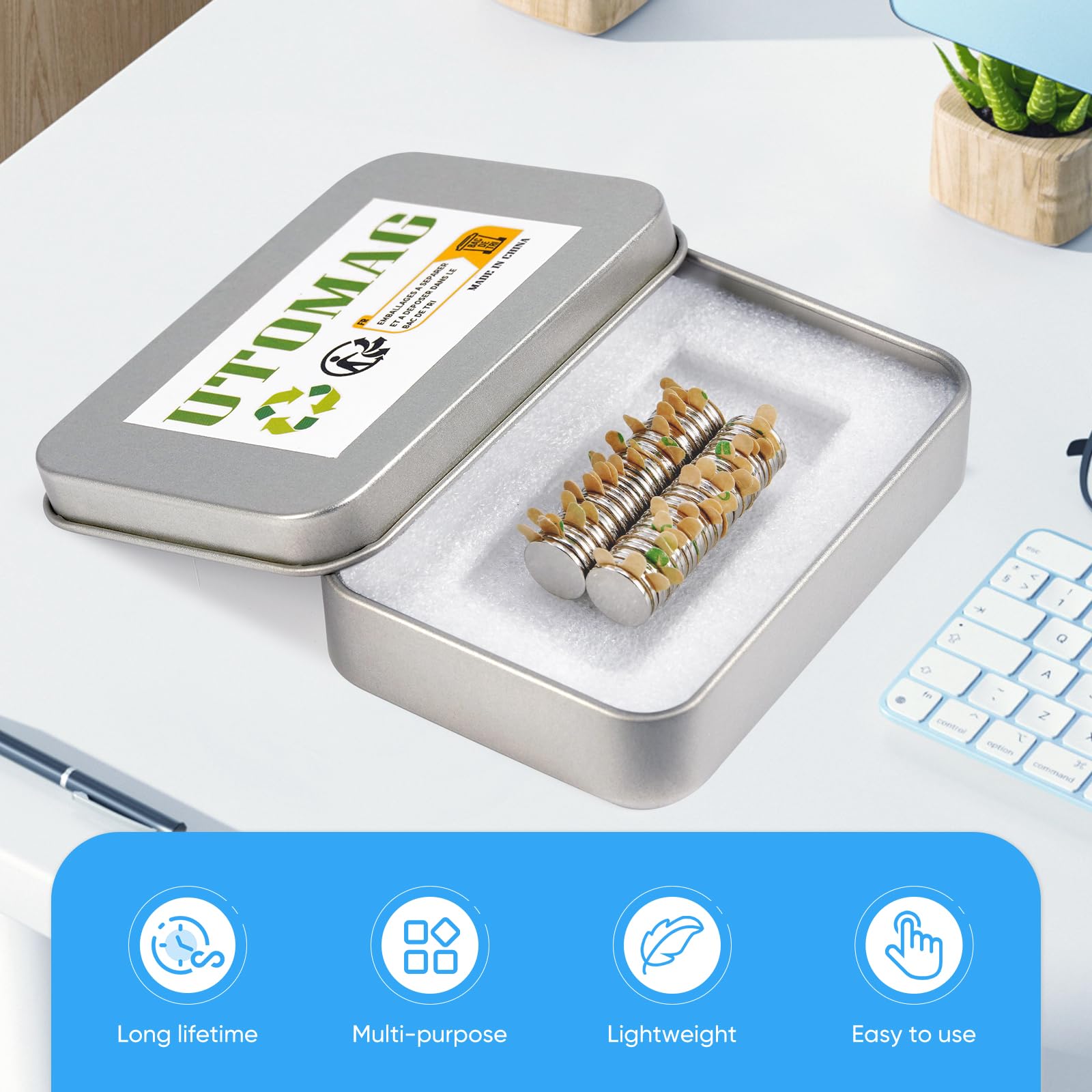 UTOMAG 60 Piezas Imanes de Neodimio Adhesivos Fuertes 10×1mm, Imán Redondos Autoadhesivos Potentes y Pequeños, Ideales para Refrigerador, Fotos, Manualidades, Pizarras Magnéticas, Cocina y Oficinas