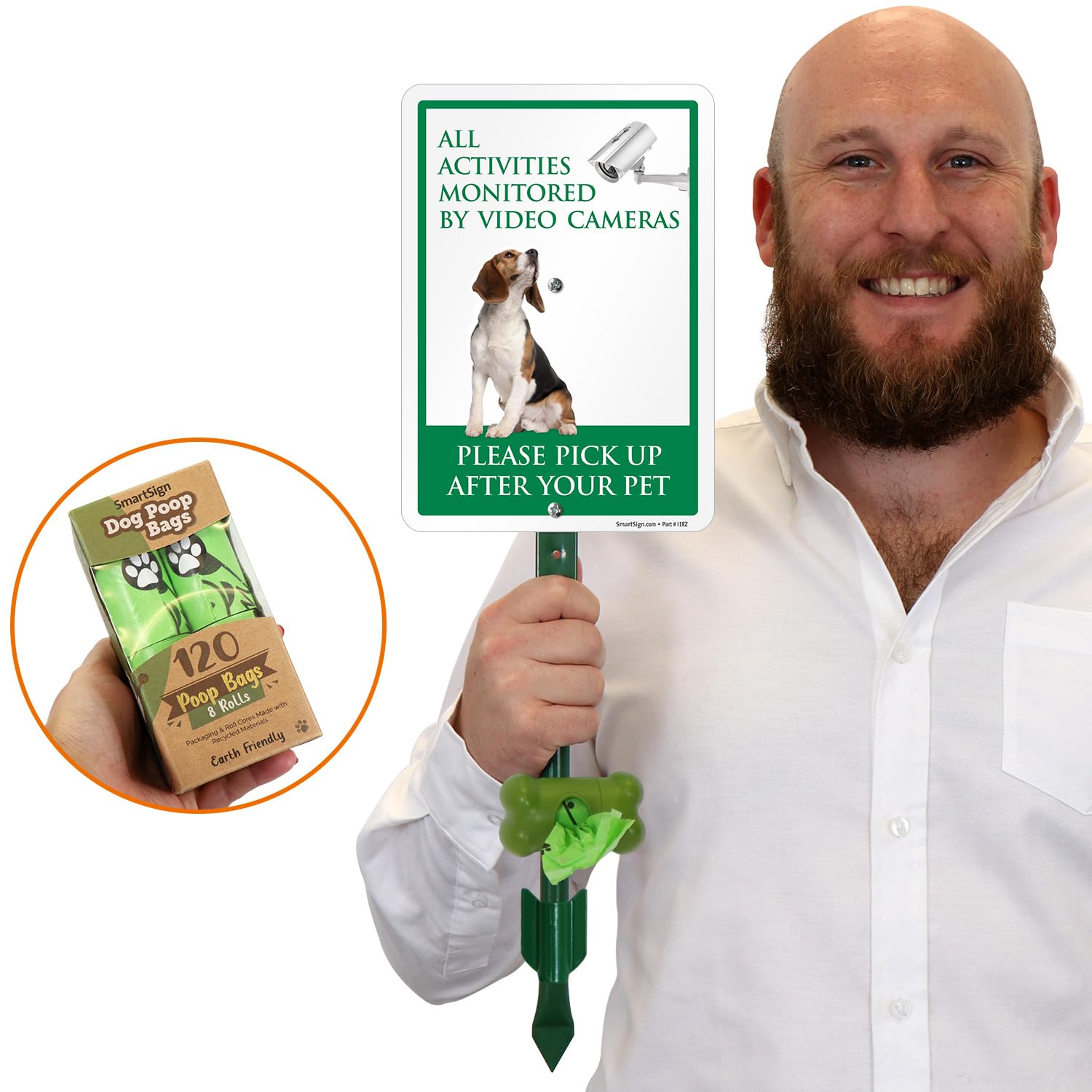 SmartSign Pick Up After Pet Monitored By Video Cameras Yard Sign & Clip-On Preloaded Dispenser Combo/Kit with 135 Dog Poop Waste Bags, 7